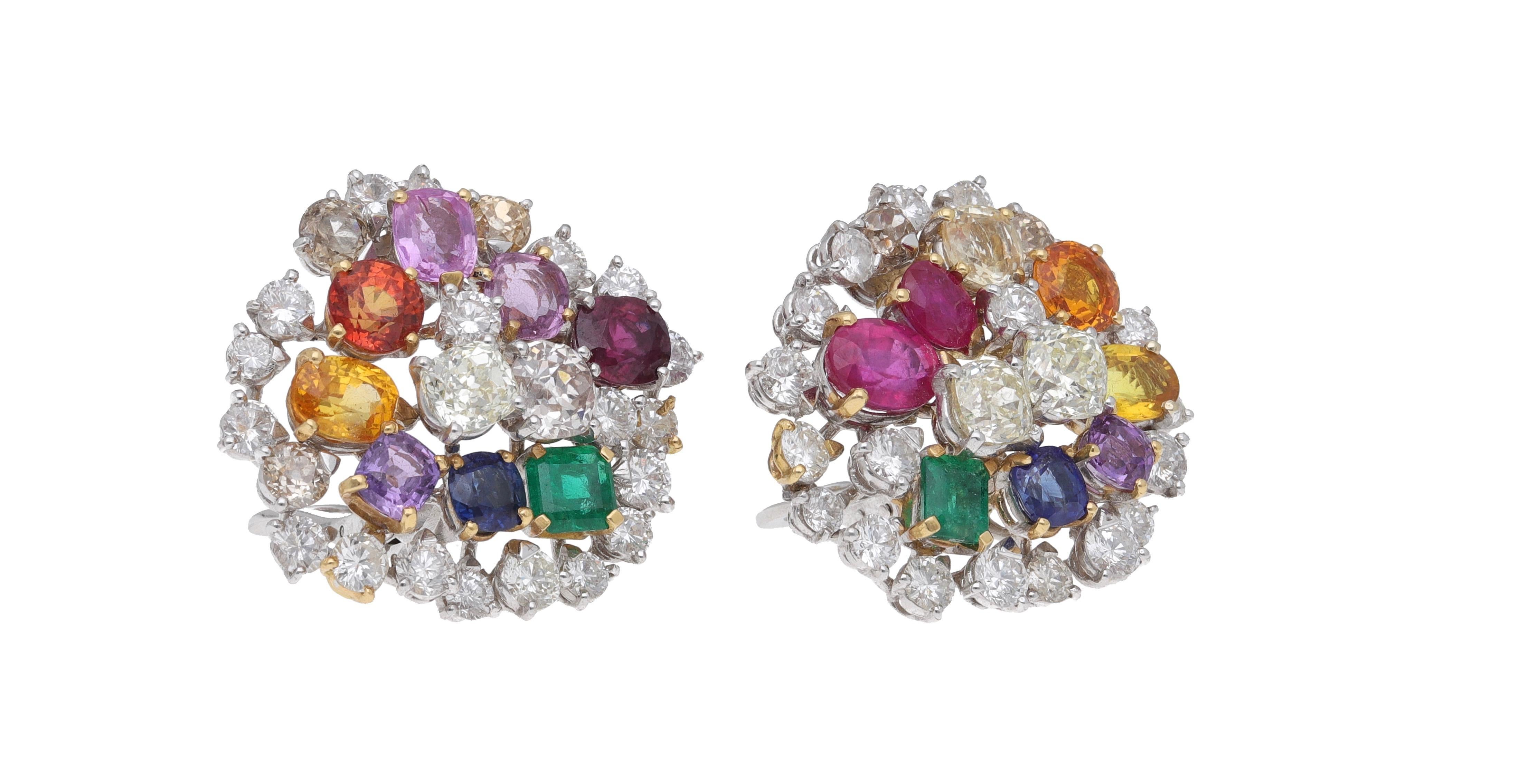 Fraleoni 18 Karat White Gold Diamonds Rubies Emeralds Sapphires Earrings For Sale 4