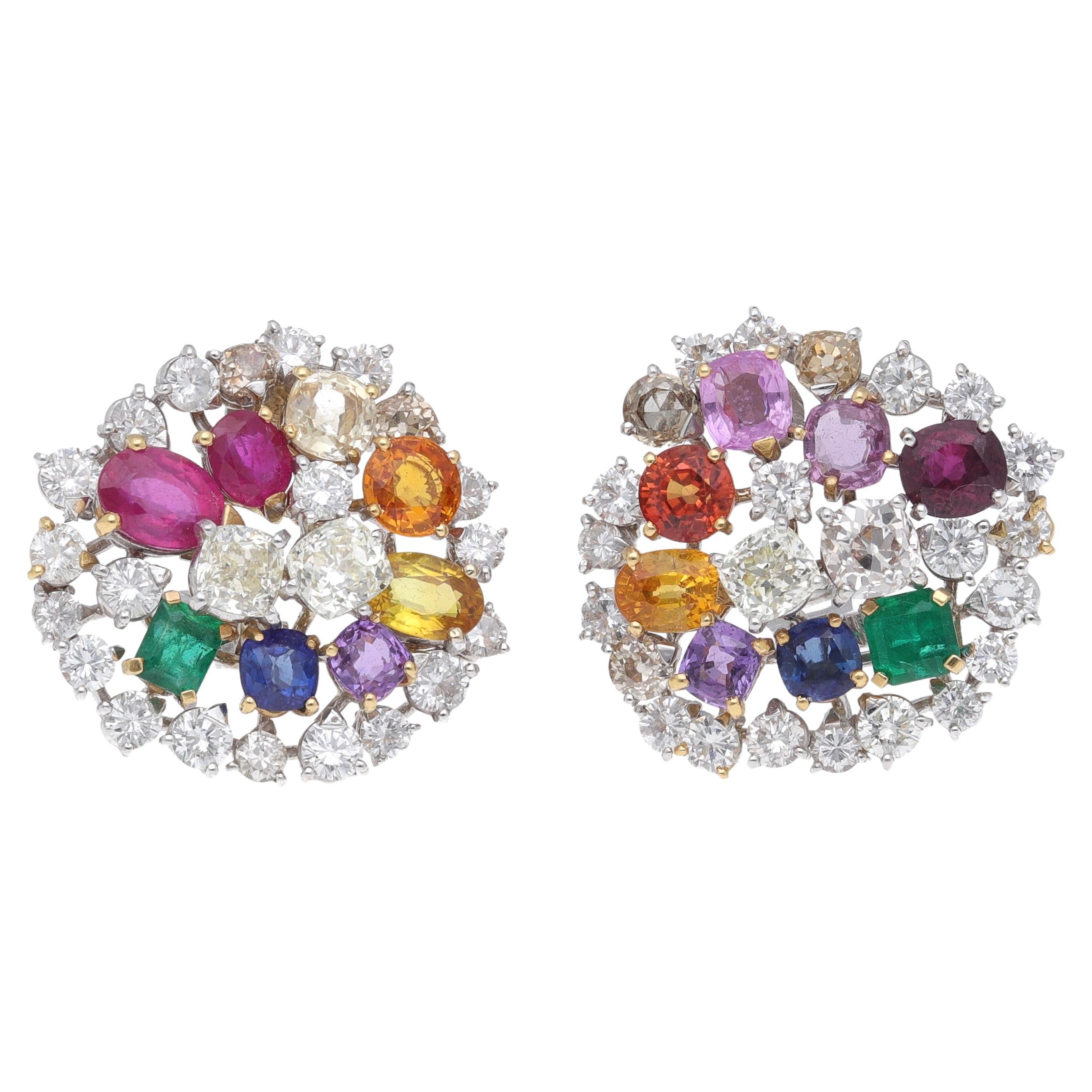 Fraleoni, boucles d'oreilles en or blanc 18 carats, diamants, rubis, émeraudes et saphirs