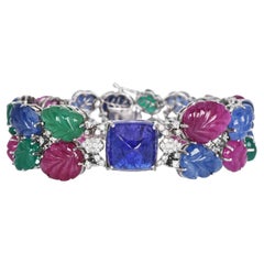 Tutti Frutti 18K Gold 105cts Carved Gemstone Sugarloaf Bracelet