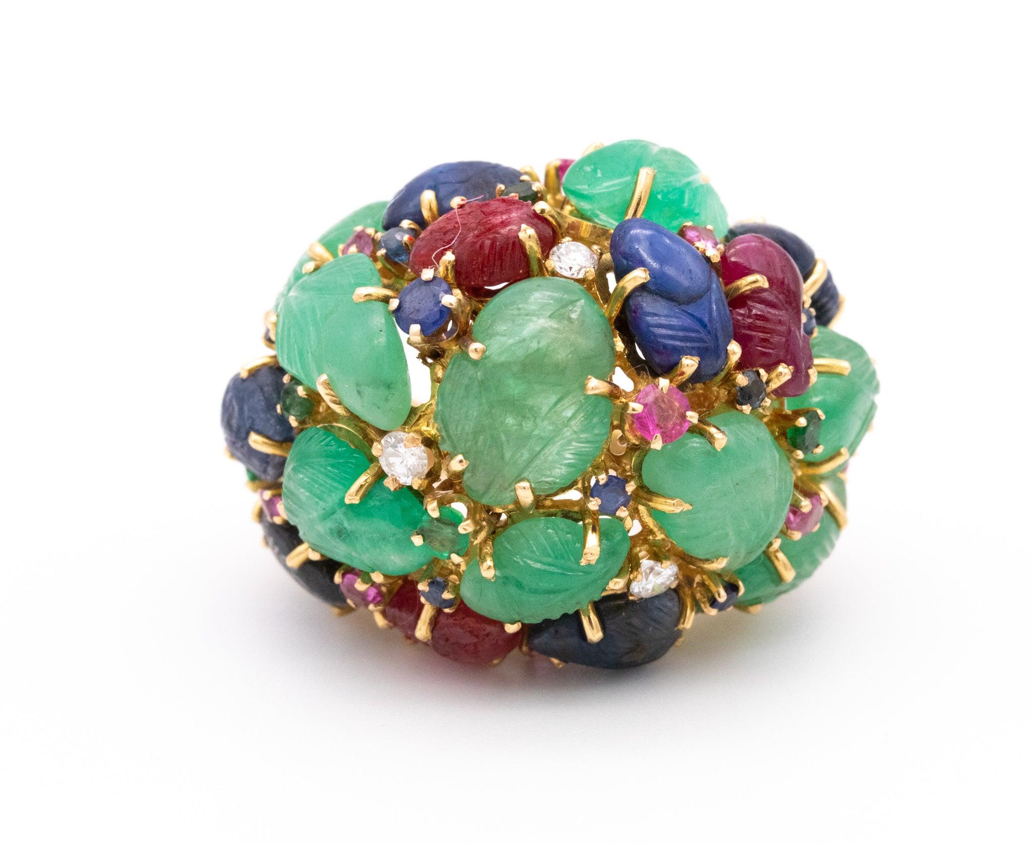 Art Deco TUTTI FRUTTI 1935 Cocktail Ring In 18Kt Yellow Gold With 46.81 Cts In Gemstones