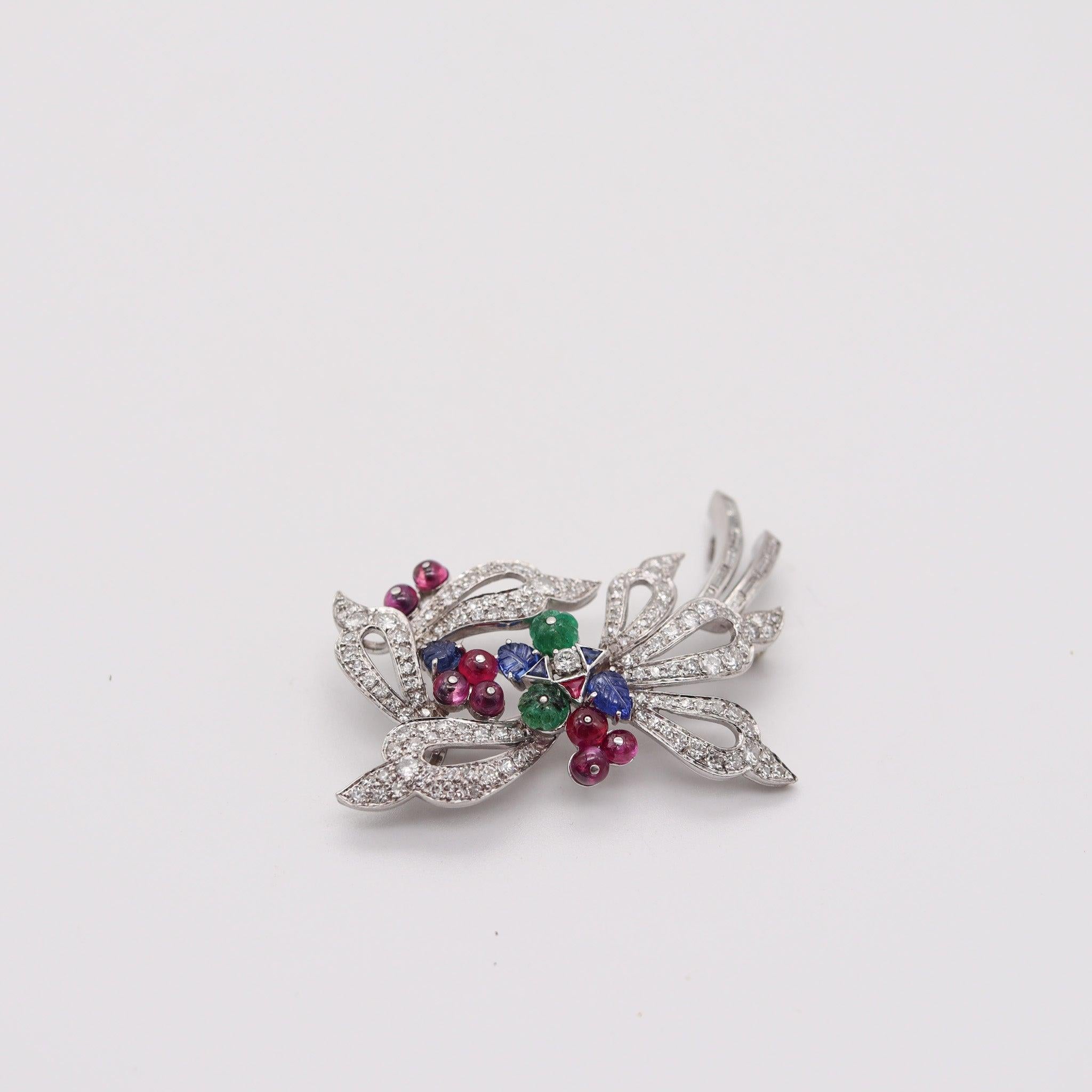 Antique Cushion Cut TUTTI FRUTTI 1950 Art-Deco Pendant Brooch In Platinum Diamonds & Gemstones For Sale