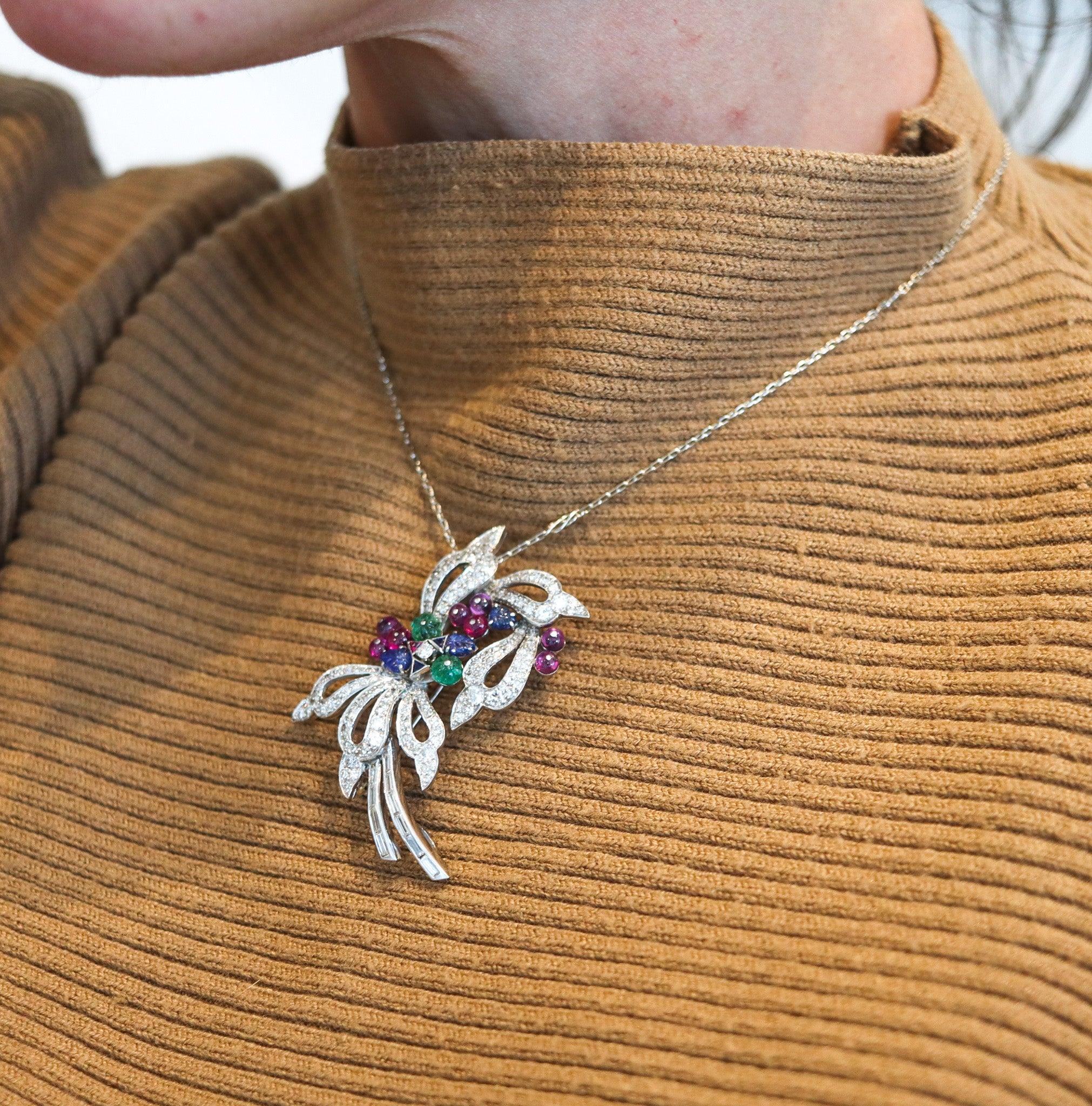 TUTTI FRUTTI 1950 Art-Deco Pendant Brooch In Platinum Diamonds & Gemstones In Excellent Condition For Sale In Miami, FL