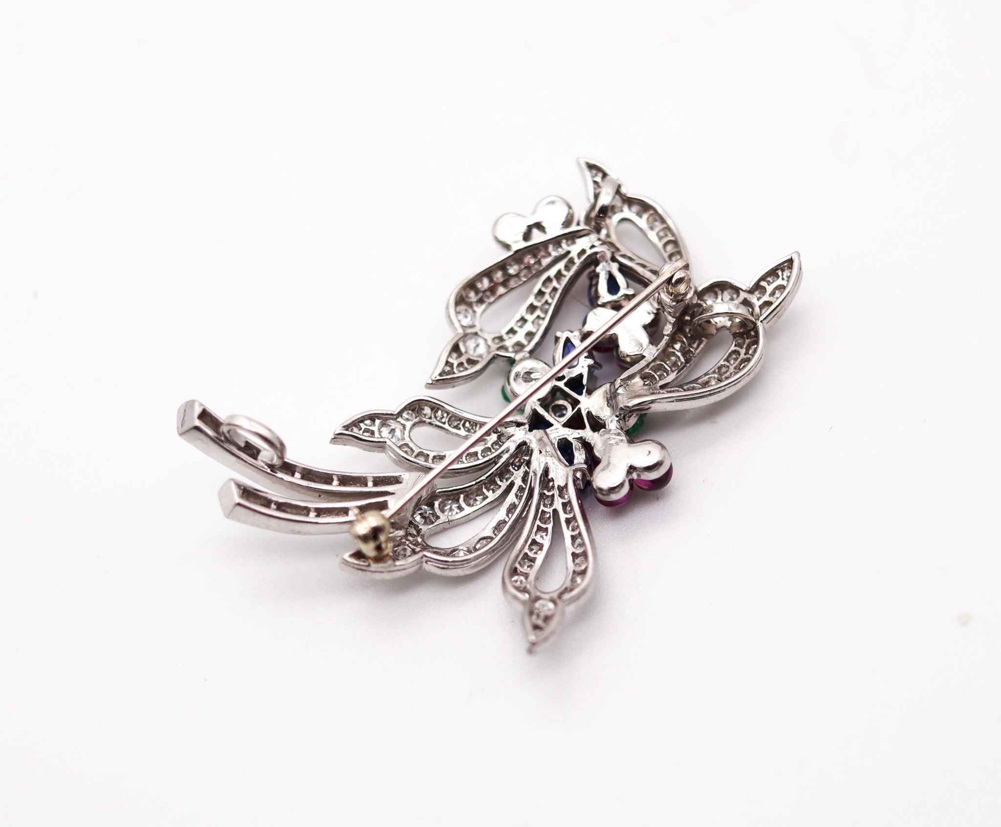 TUTTI FRUTTI 1950 Art-Deco Pendant Brooch In Platinum Diamonds & Gemstones For Sale 2