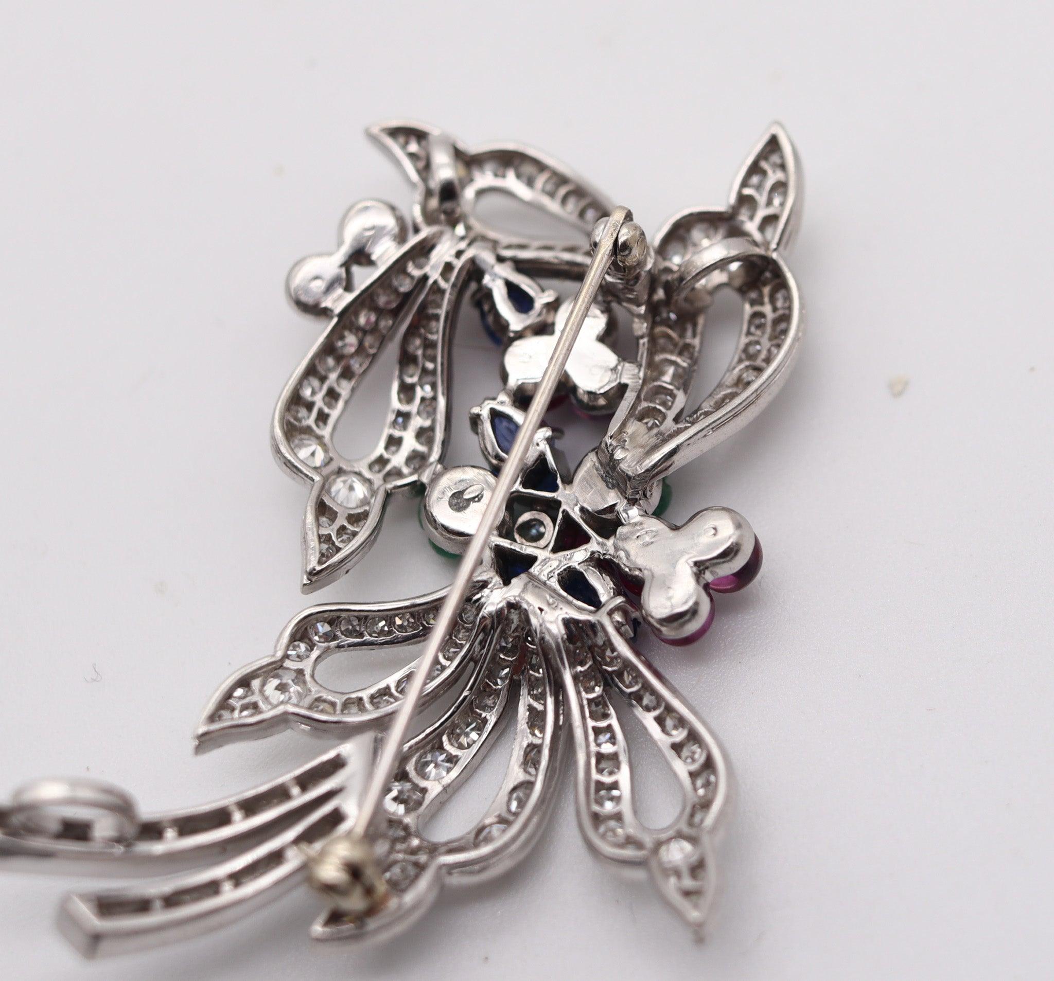 TUTTI FRUTTI 1950 Art-Deco Pendant Brooch In Platinum Diamonds & Gemstones For Sale 3