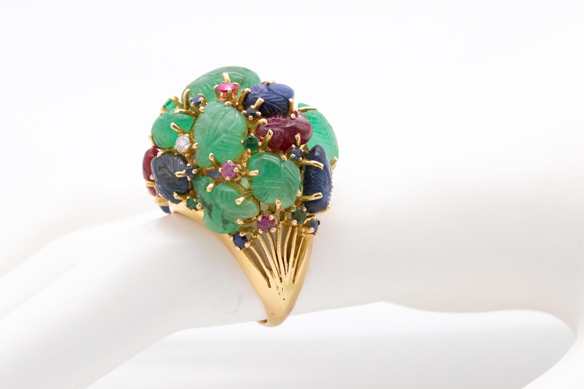 Modernist Tutti Frutti 1950 Cocktail Ring In 18Kt Yellow Gold With 46.81 Cts In Gemstones For Sale