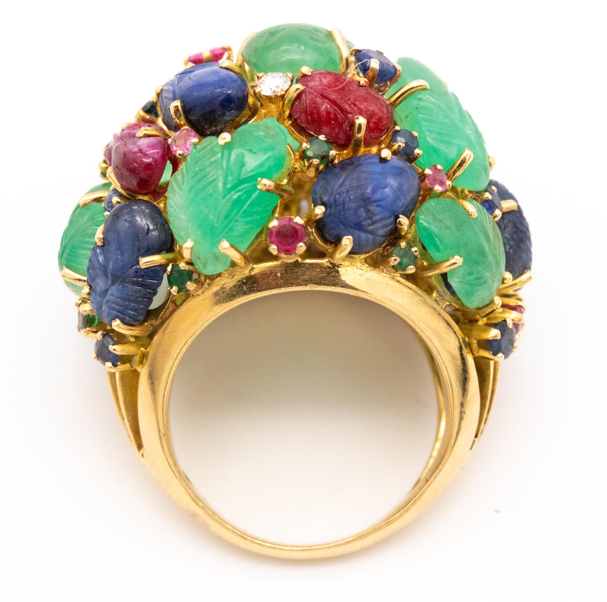 Brilliant Cut Tutti Frutti 1950 Cocktail Ring In 18Kt Yellow Gold With 46.81 Cts In Gemstones For Sale