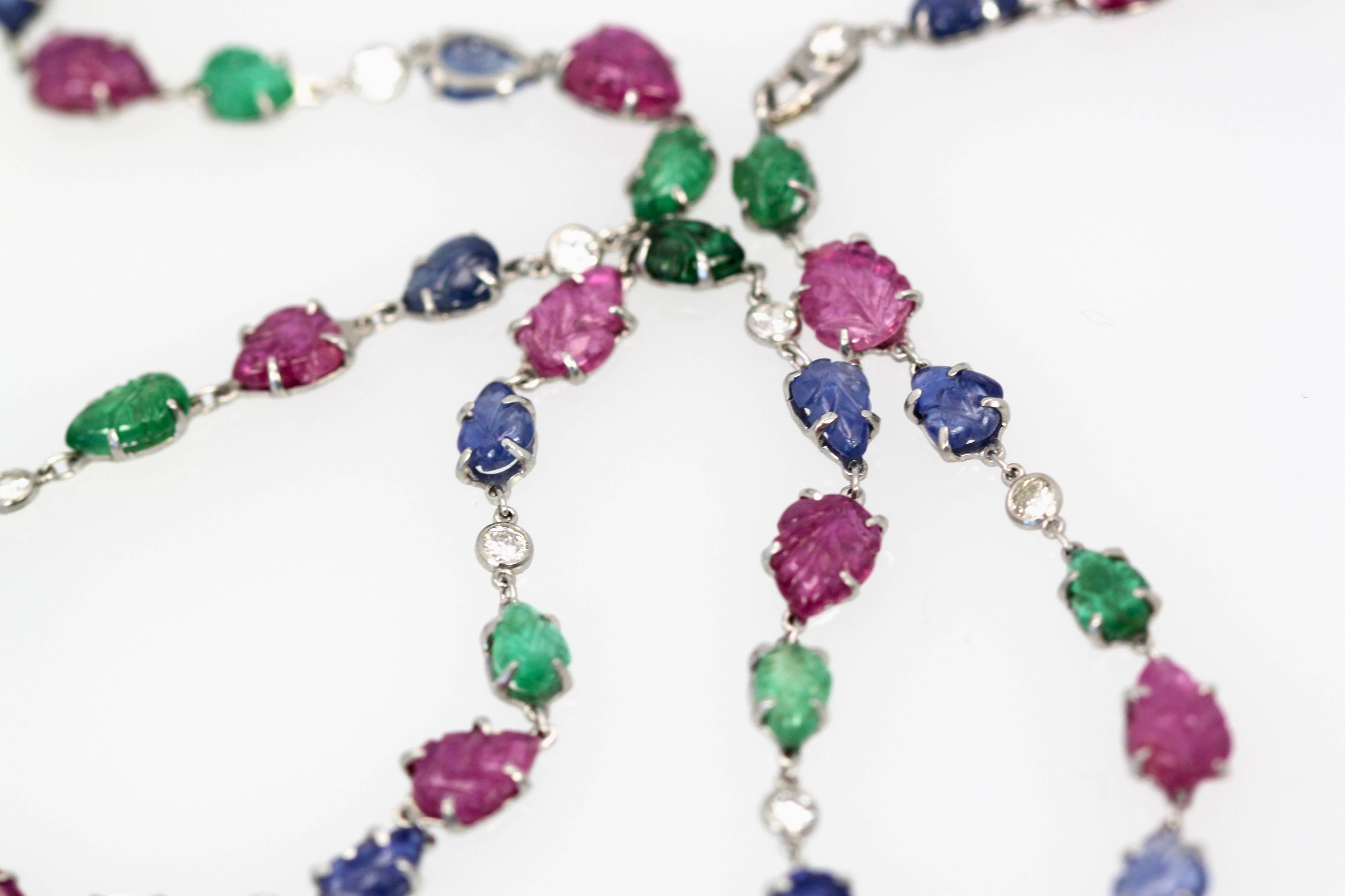 Art Deco 35.91 Carat Sapphires, Emeralds, Rubies, Diamond Platinum Necklace