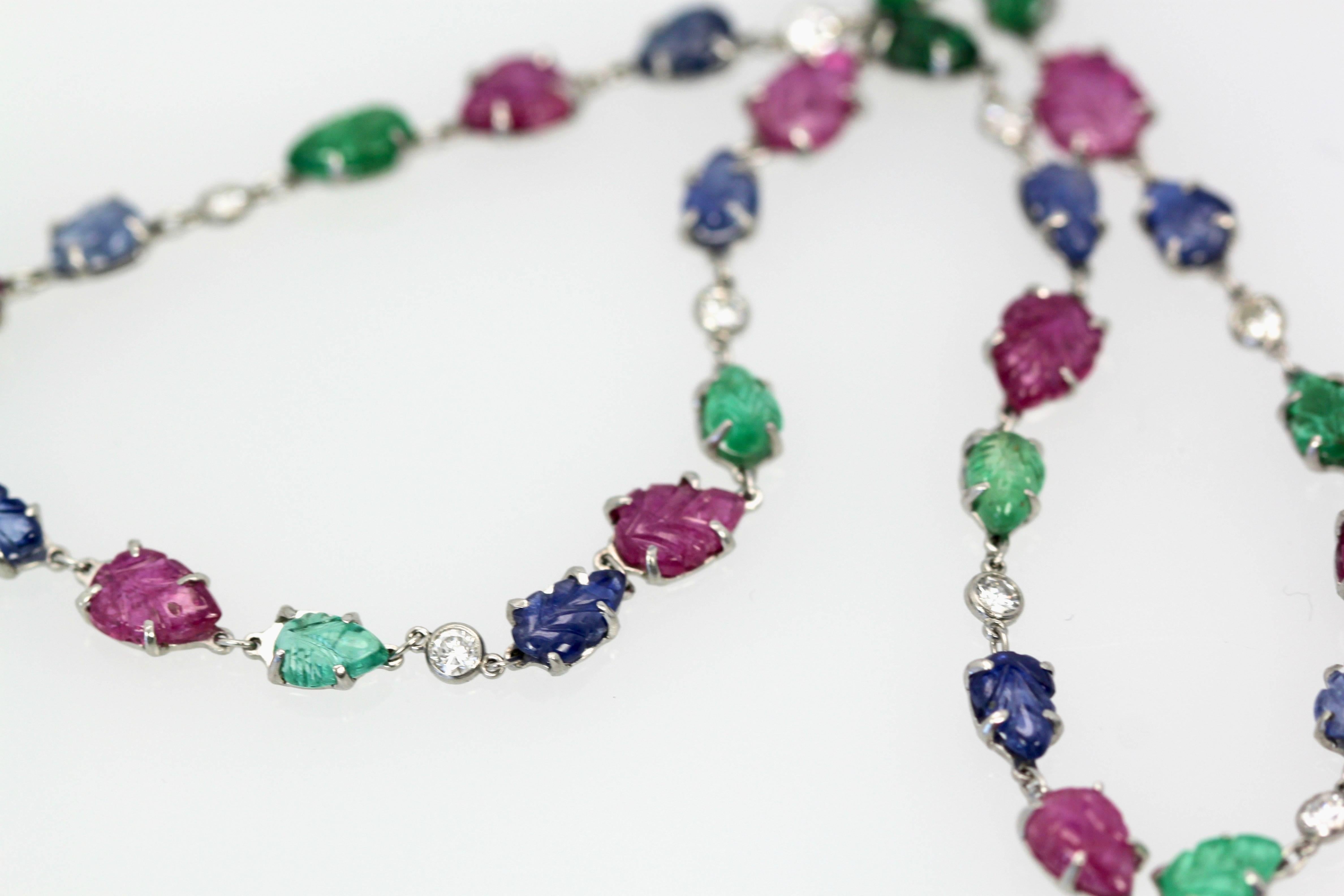 Women's or Men's 35.91 Carat Sapphires, Emeralds, Rubies, Diamond Platinum Necklace
