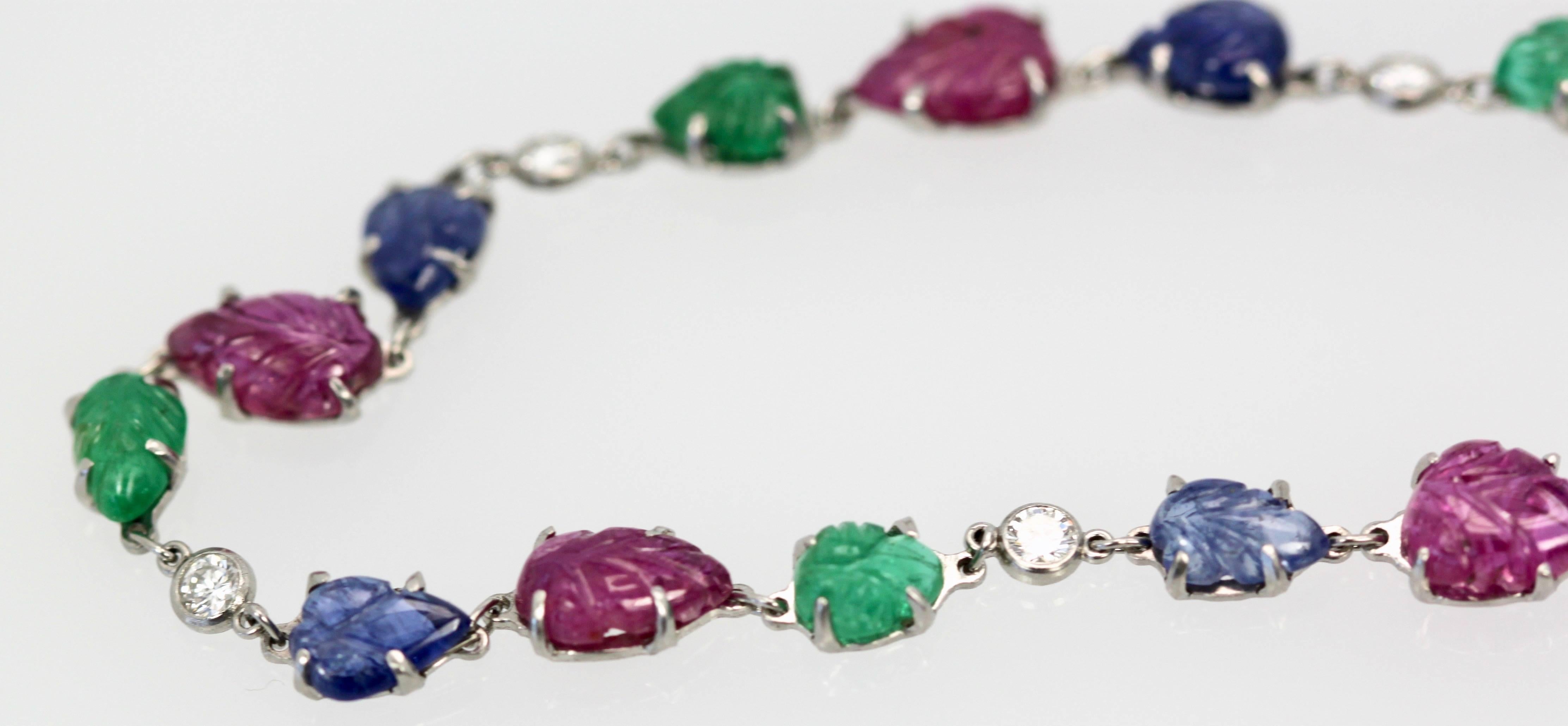 35.91 Carat Sapphires, Emeralds, Rubies, Diamond Platinum Necklace 3
