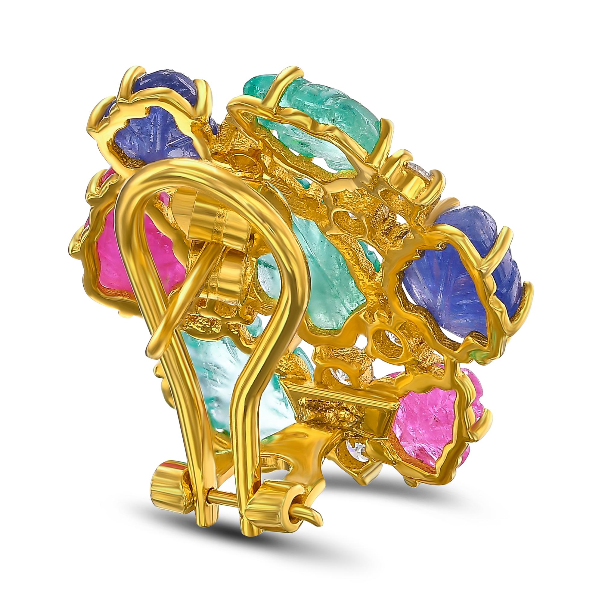 Tutti Frutti Ohrringe mit 5,60 Karat Smaragd, 6,06 Karat Saphir, Rubin und 0,68 Karat Diamant (Art déco)