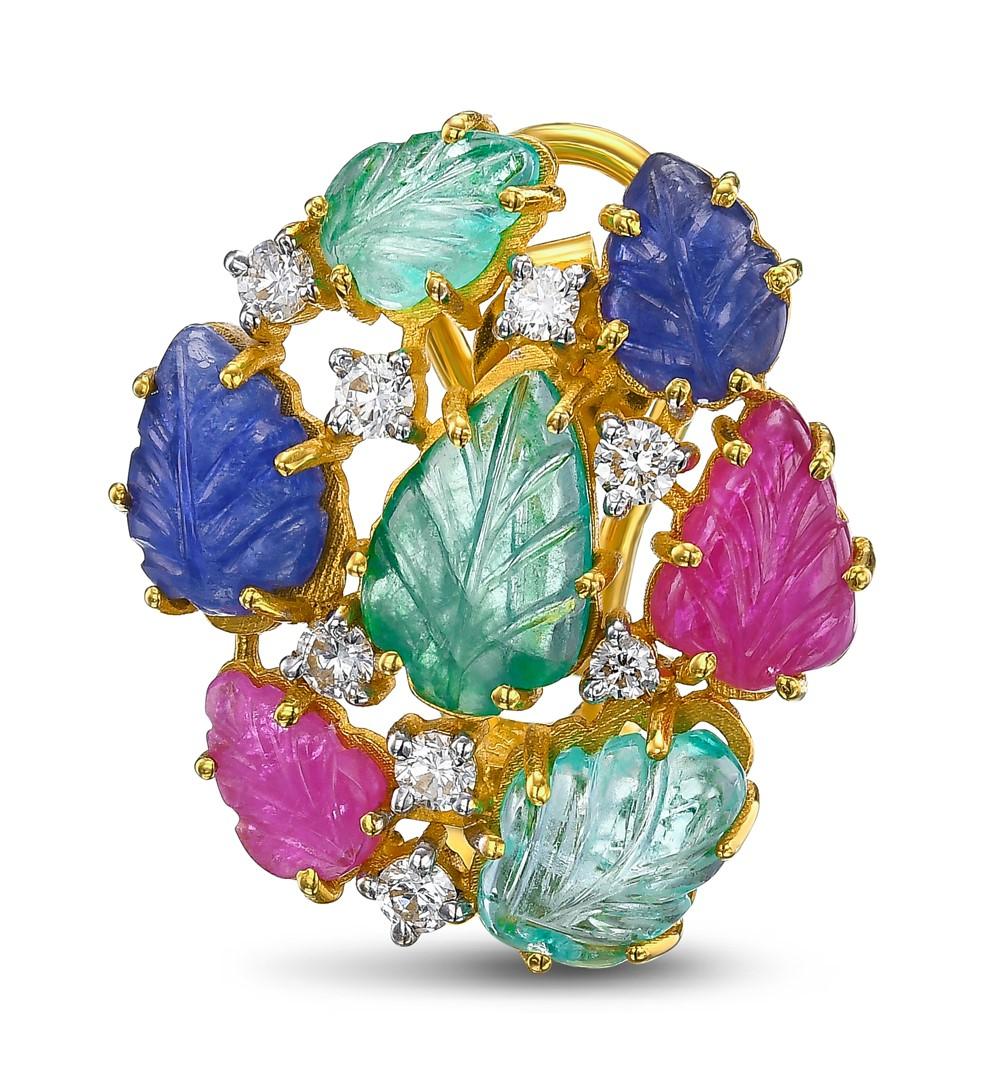 Tutti Frutti Ohrringe mit 5,60 Karat Smaragd, 6,06 Karat Saphir, Rubin und 0,68 Karat Diamant Damen