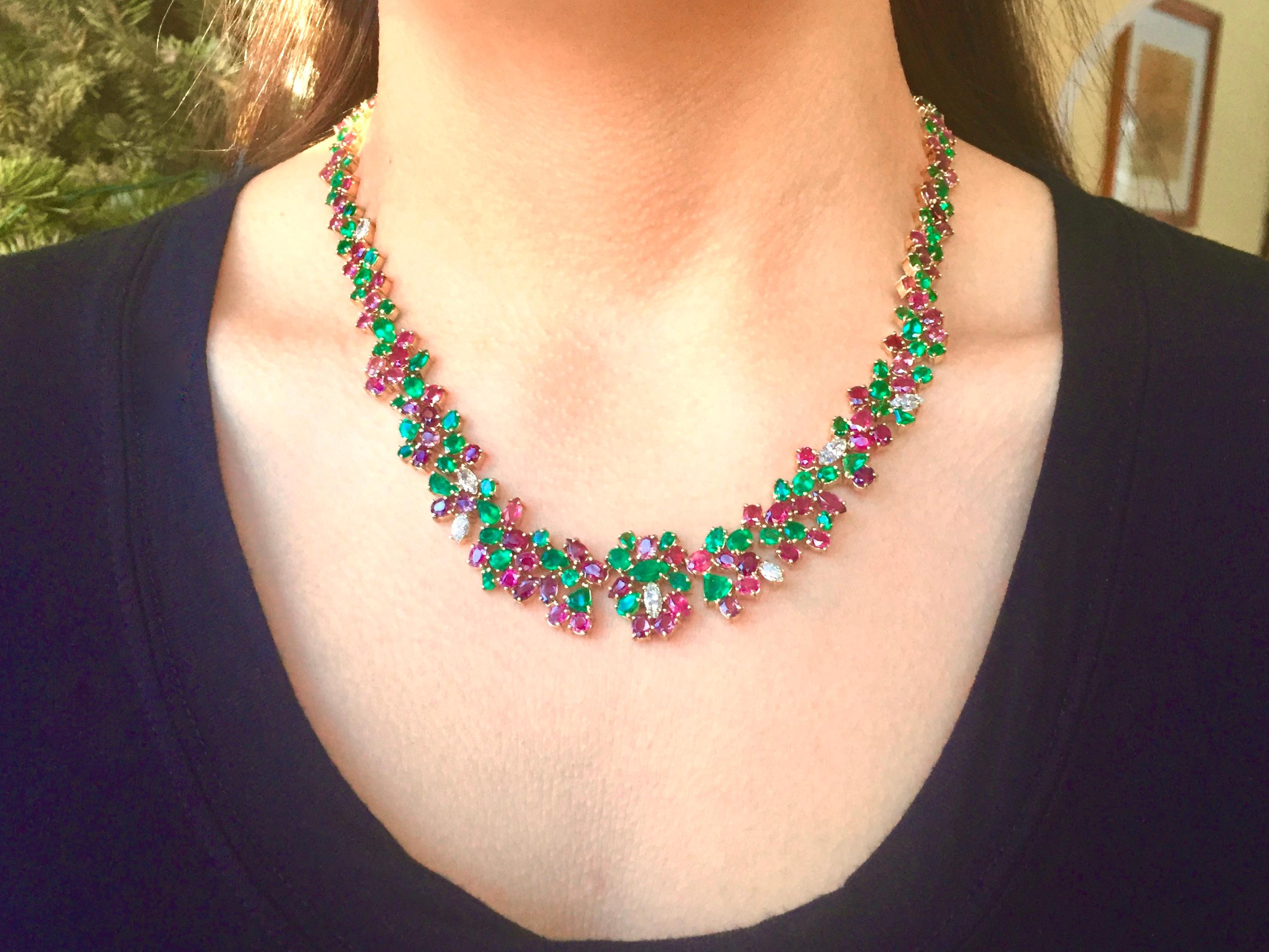 Ruby, Emerald, Diamond 61.00 Carat One of a Kind Necklace 18K For Sale 8