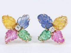 Tutti Frutti 6.44ctw Zaffiro Rubino Smeraldo Orecchini a foglia intagliata in oro 14k R3095