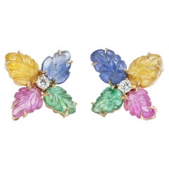 Tutti Frutti 6.44ctw Sapphire Ruby Emerald Carved Leaf Earrings 14k Gold R3095