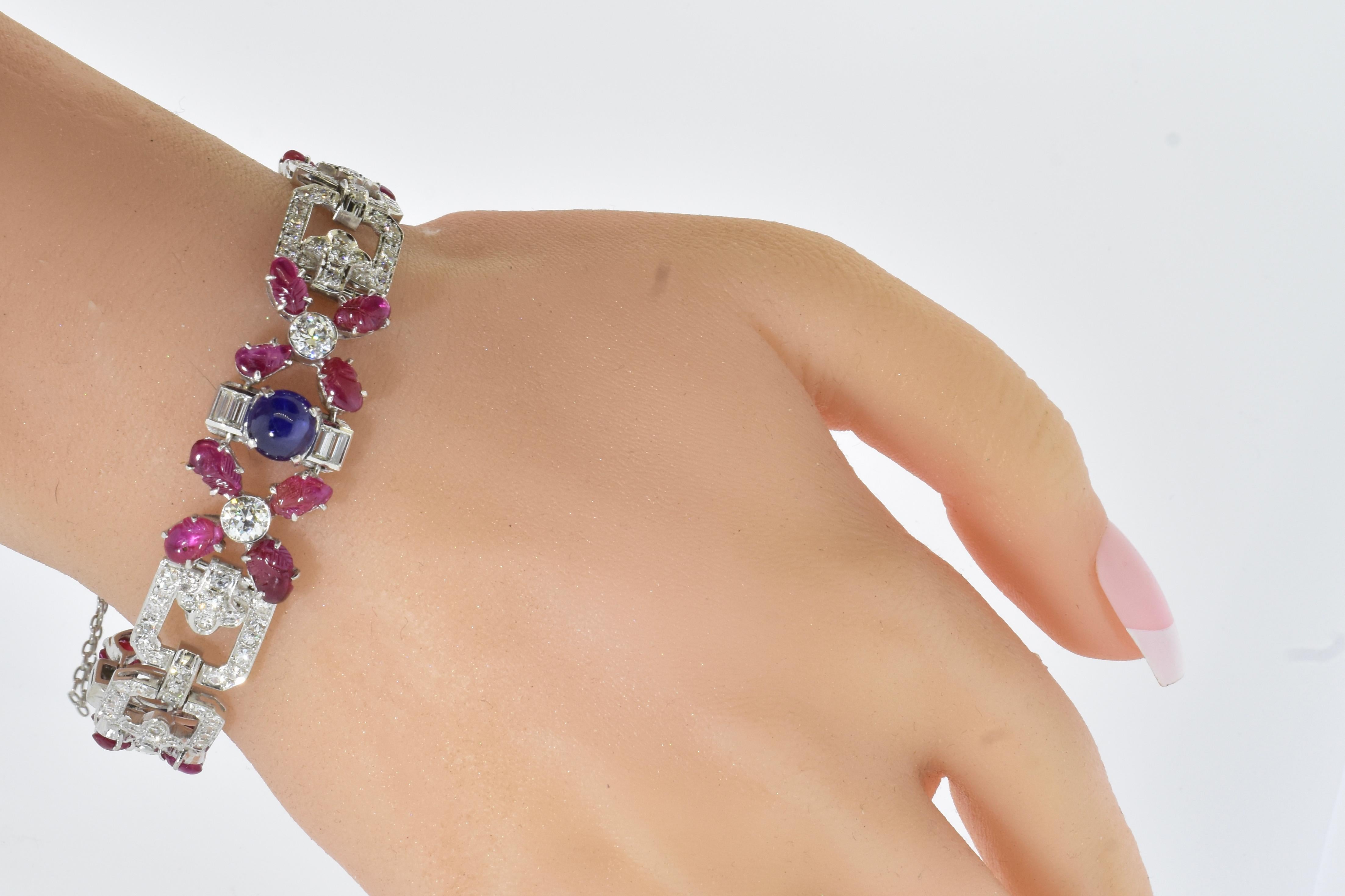 Tutti Frutti Art Deco Antique Diamond, Ruby & Sapphire Plat, Bracelet circa 1922 For Sale 6