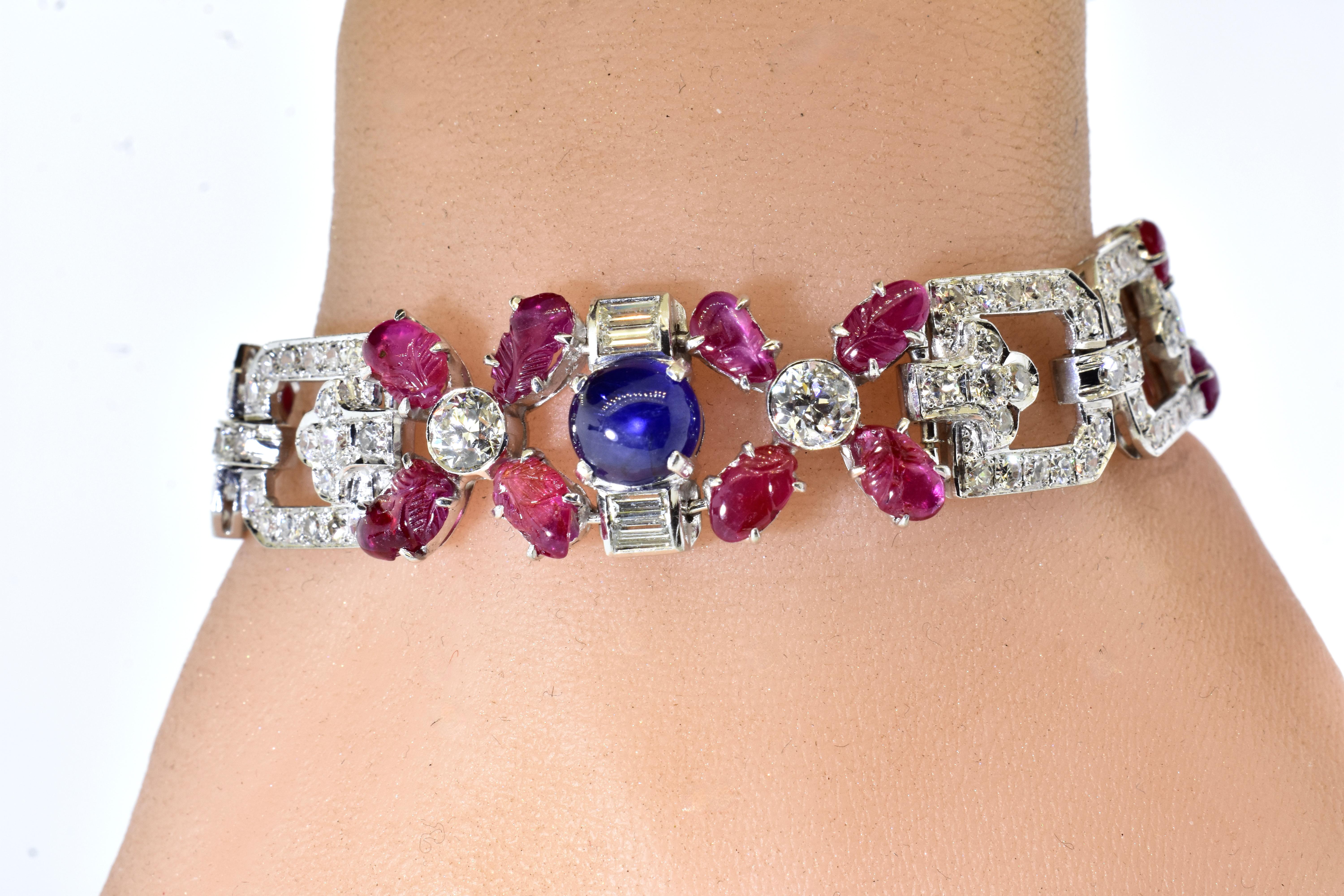 Tutti Frutti Art Deco Antique Diamond, Ruby & Sapphire Plat, Bracelet circa 1922 For Sale 1