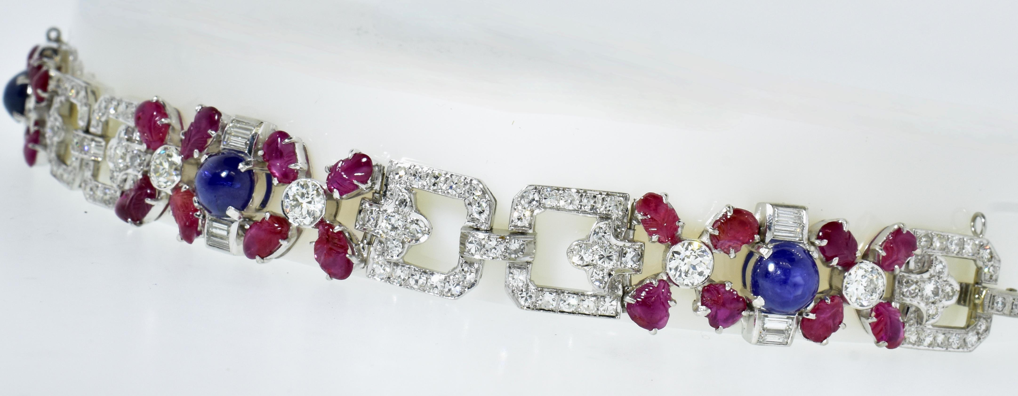 Tutti Frutti Art Deco Antique Diamond, Ruby & Sapphire Plat, Bracelet circa 1922 For Sale 3