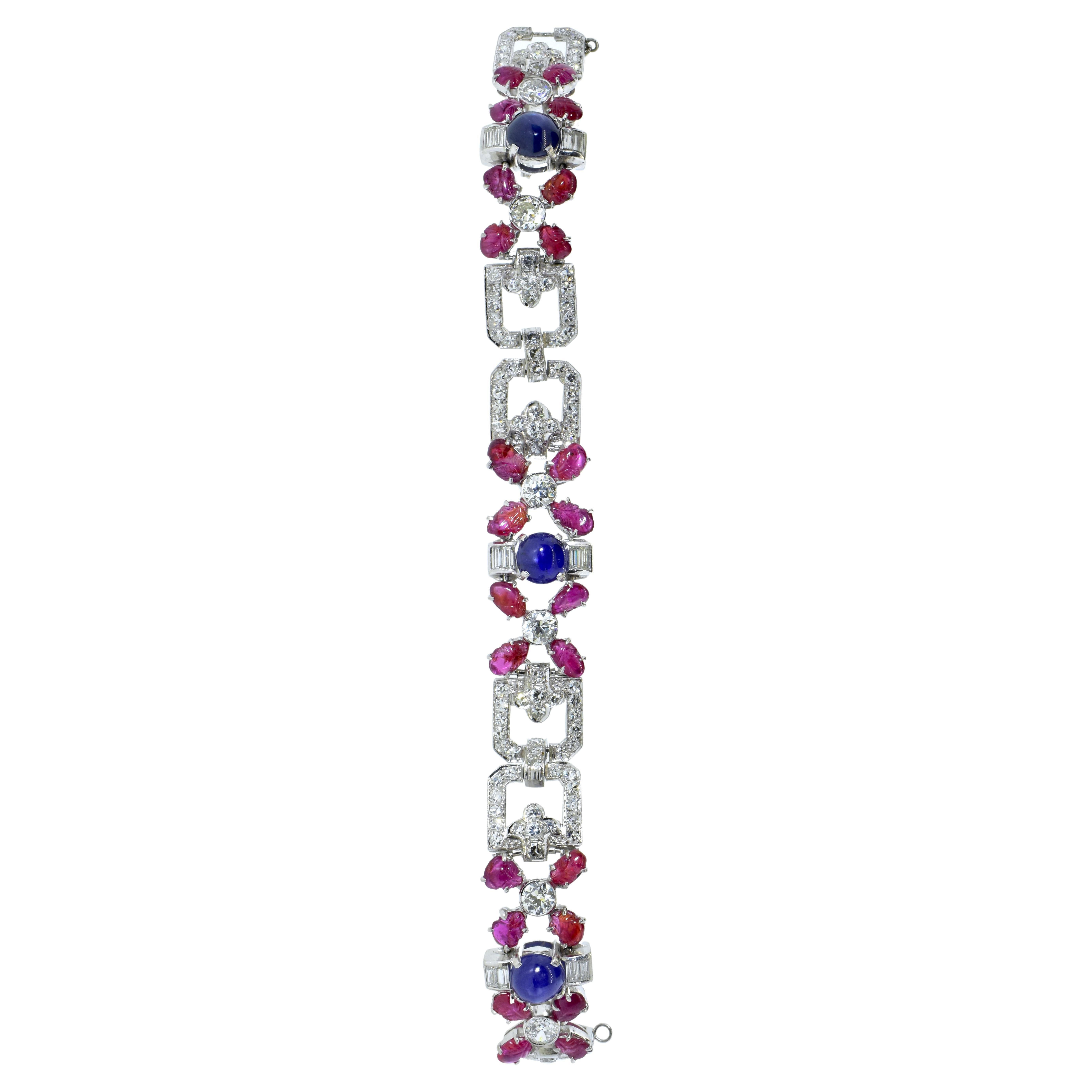 Tutti Frutti Art Deco Antique Diamond, Ruby & Sapphire Plat, Bracelet circa 1922 In Excellent Condition For Sale In Aspen, CO