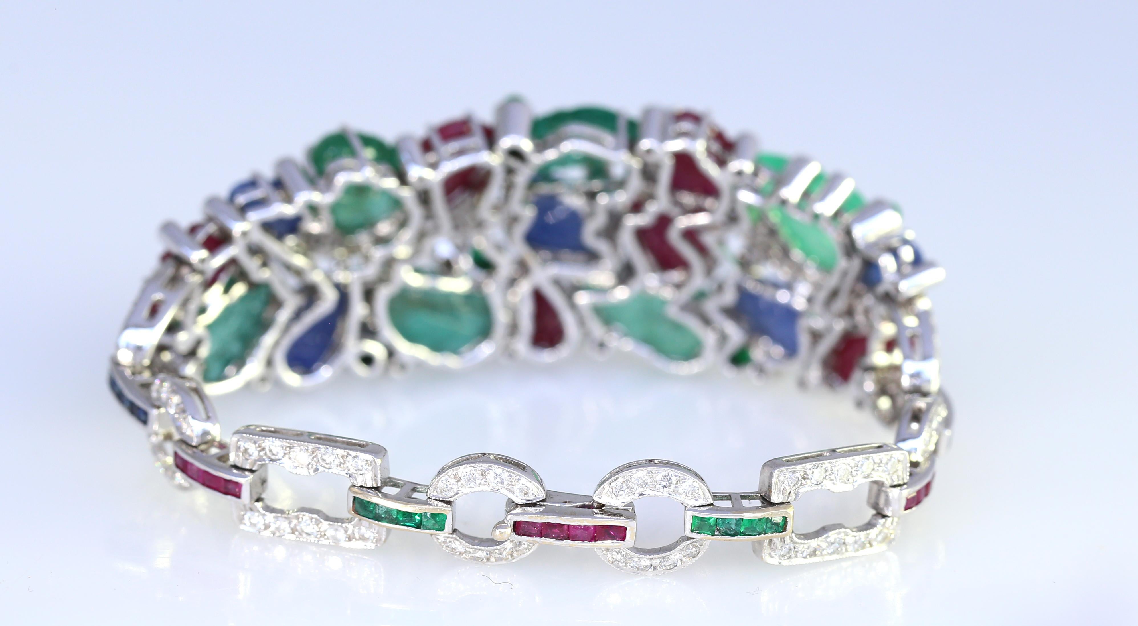 Art Deco Tutti-Frutti Bracelet Rubies Sapphires Emeralds Diamonds 18k Certified, 1996 For Sale