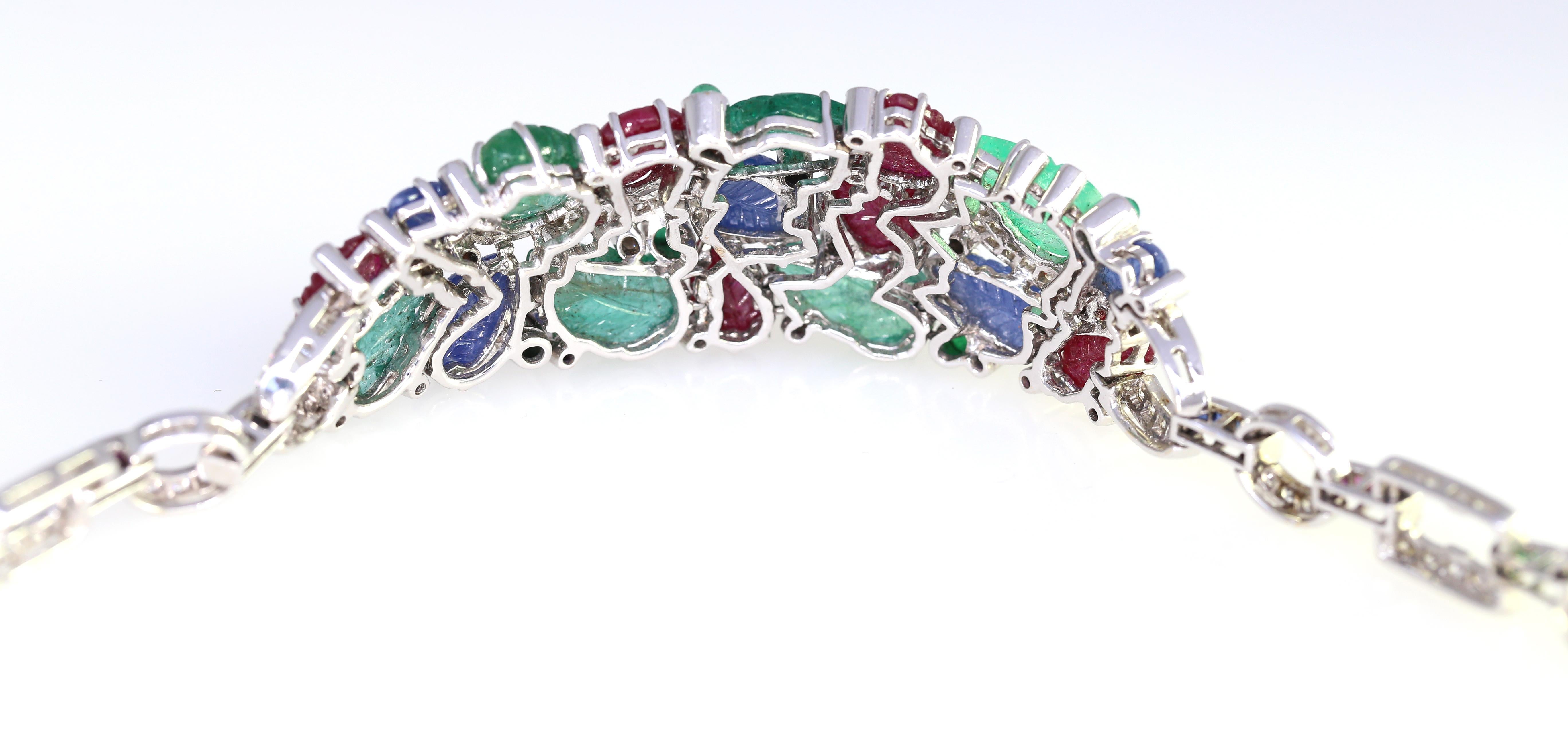 Tutti-Frutti Bracelet Rubies Sapphires Emeralds Diamonds 18k Certified, 1996 In Good Condition For Sale In Herzelia, Tel Aviv