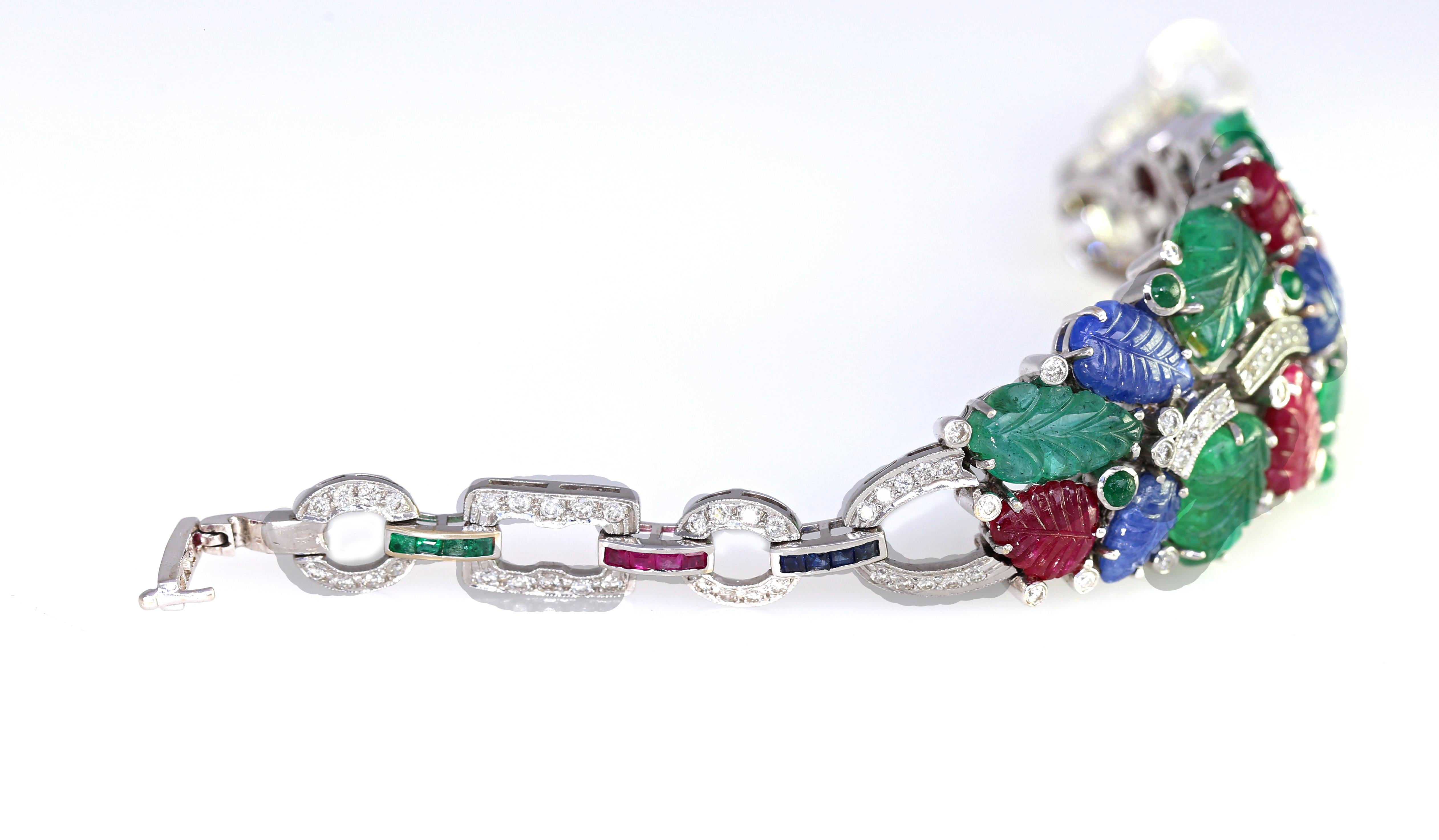 Women's Tutti-Frutti Bracelet Rubies Sapphires Emeralds Diamonds 18k Certified, 1996