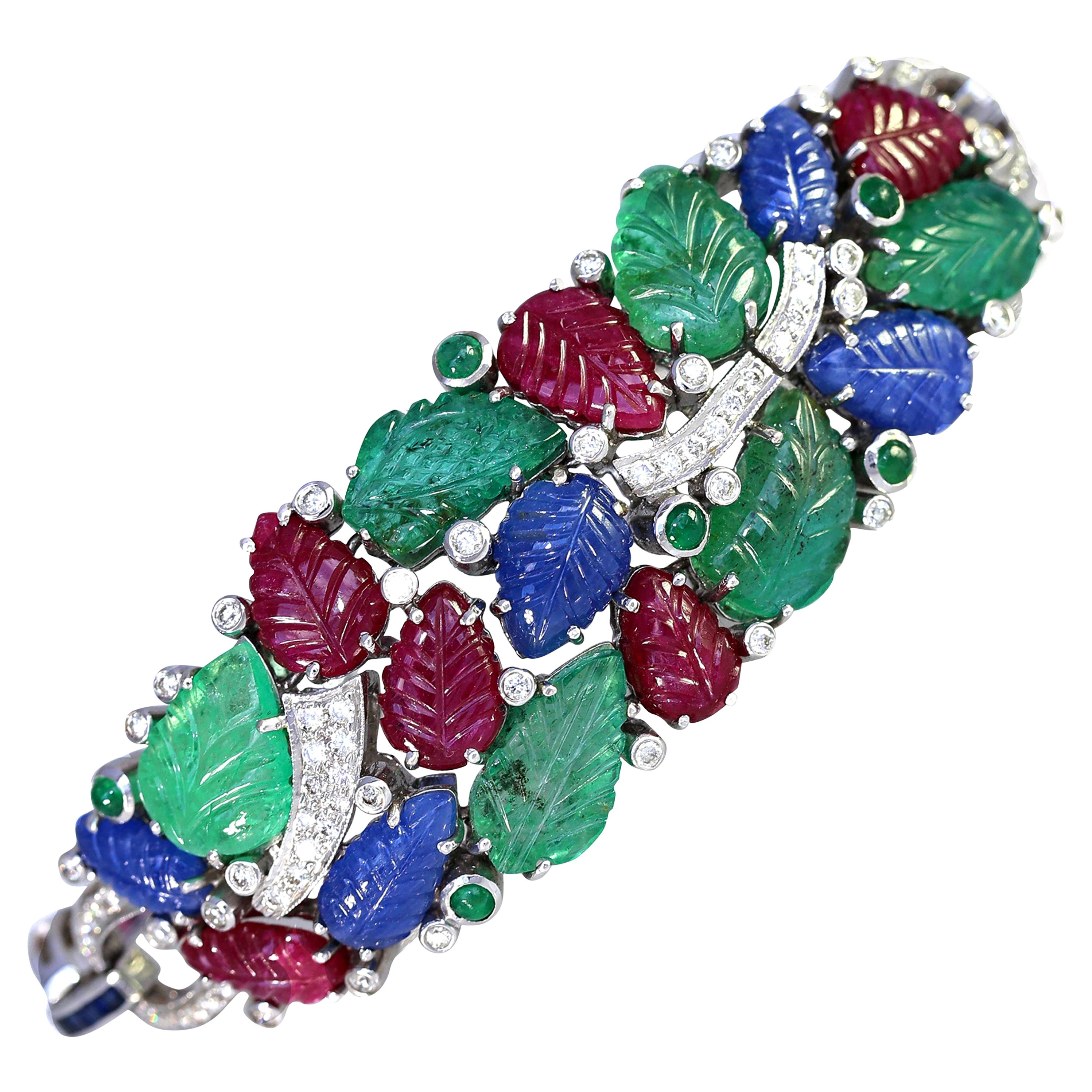 Tutti-Frutti Bracelet Rubies Sapphires Emeralds Diamonds 18k Certified, 1996 For Sale