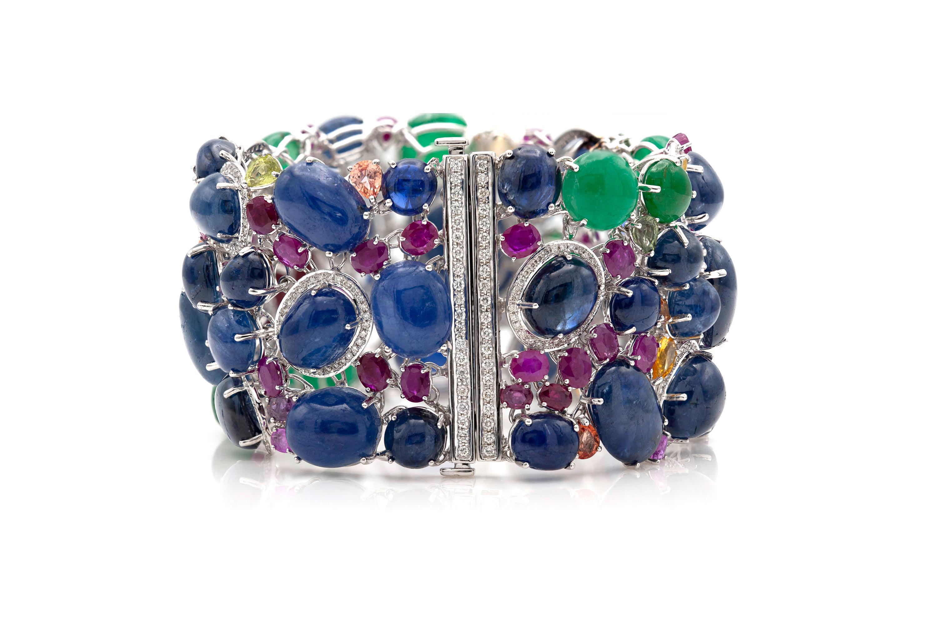 Tutti Frutti Bracelet with Cabochon Emeralds, Sapphires, Rubies and Diamonds In Good Condition In New York, NY