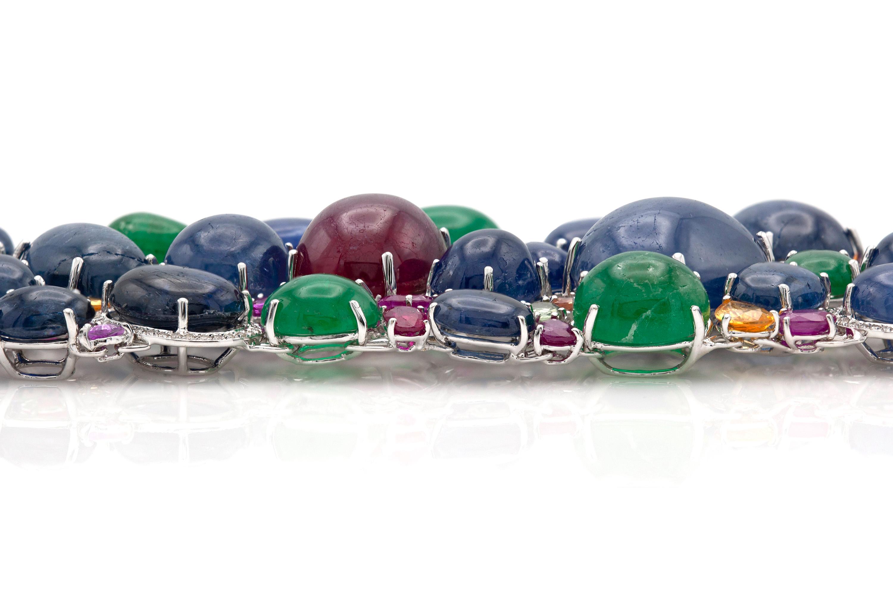 Women's or Men's Tutti Frutti Bracelet with Cabochon Emeralds, Sapphires, Rubies and Diamonds