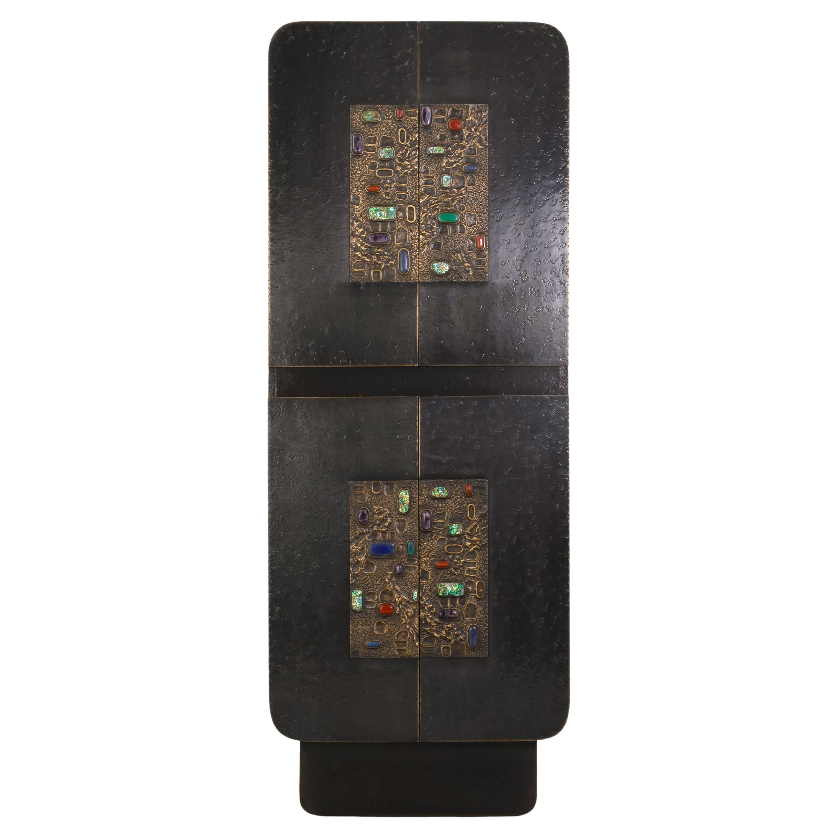 Tutti Frutti Bronze Cabinet Tall in Brass with Semi Precious Stones