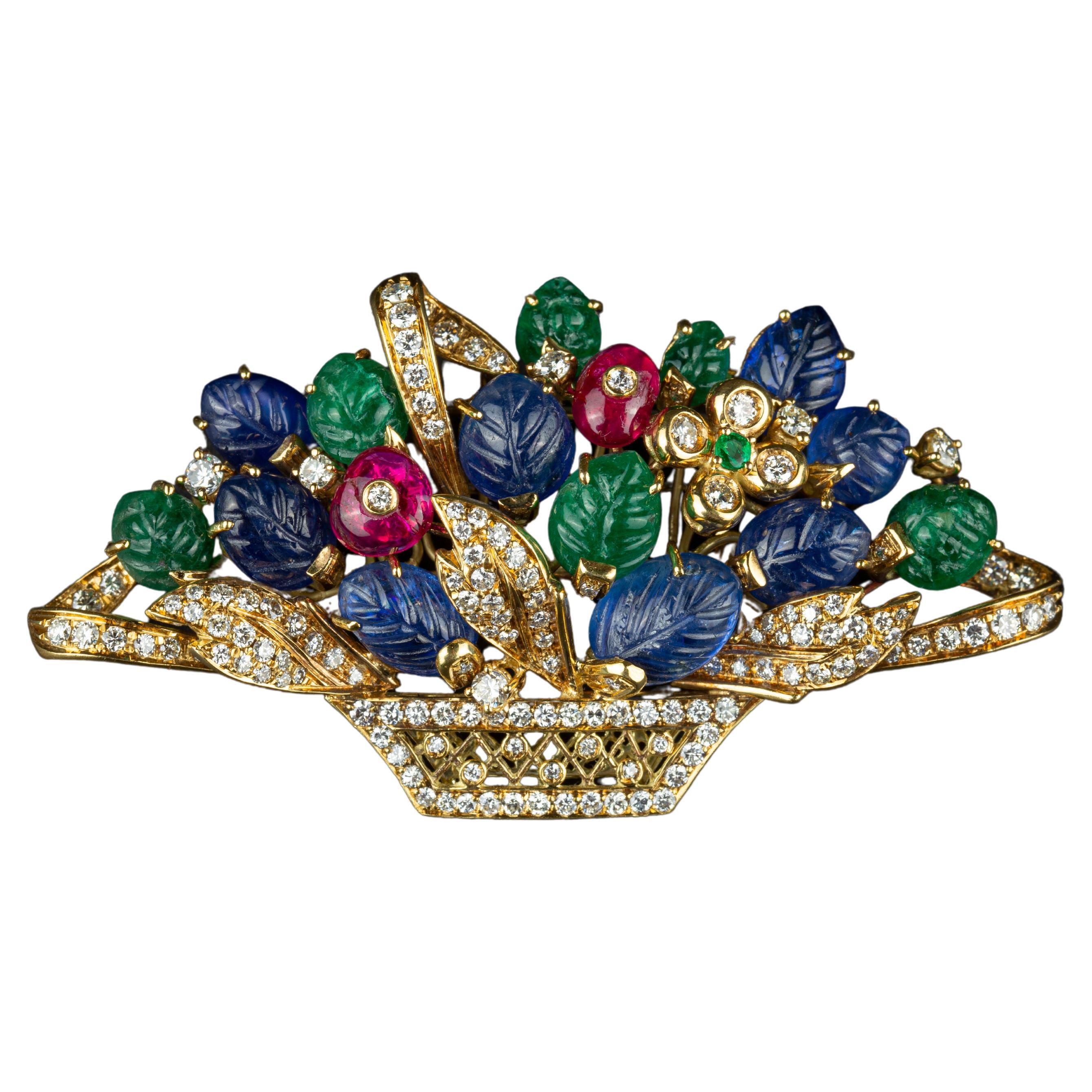 Tutti Frutti Carved Sapphire Emerald Ruby Diamond Basket Brooch For Sale