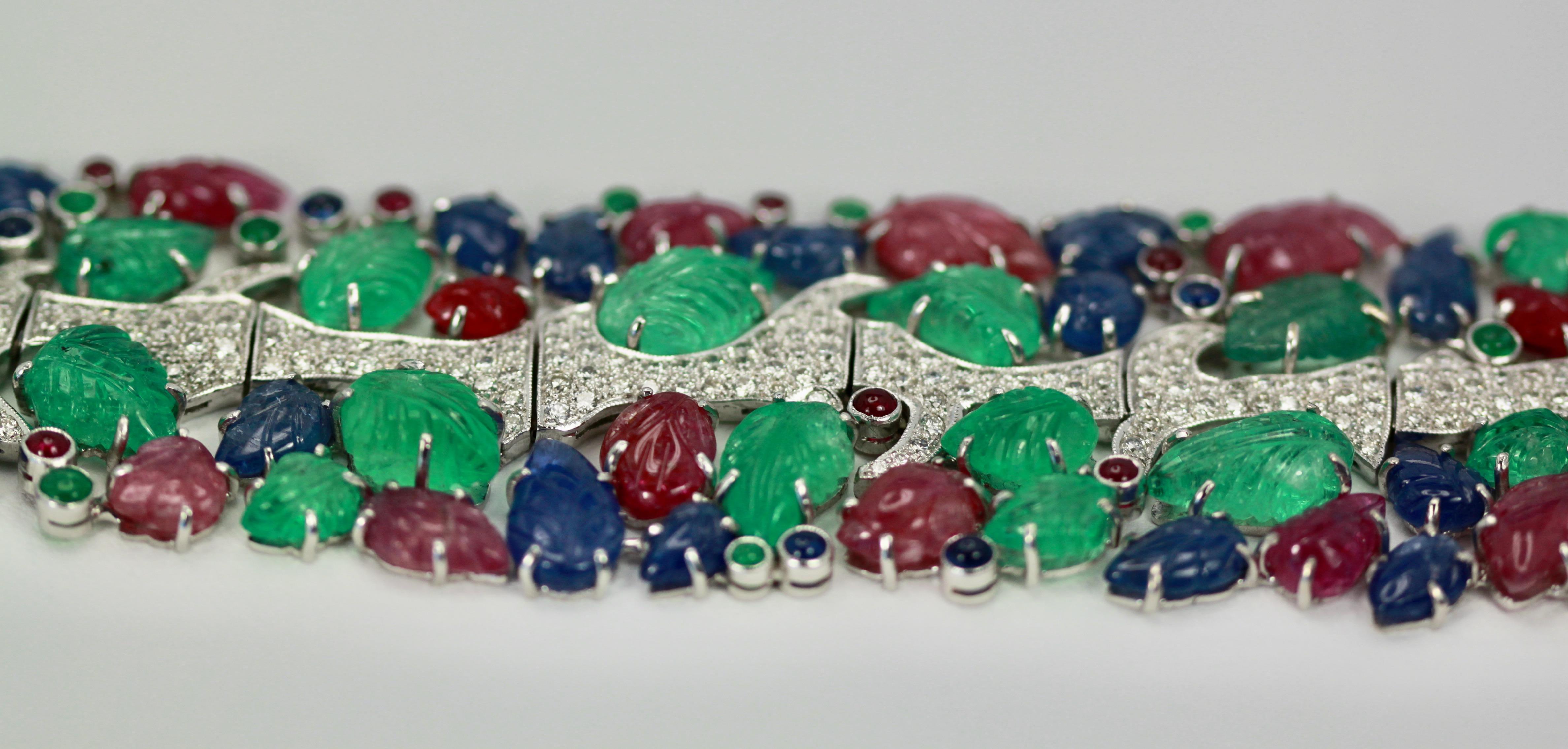 Tutti Frutti Carved Stones Diamond Bracelet 18 Karat Wide For Sale 5