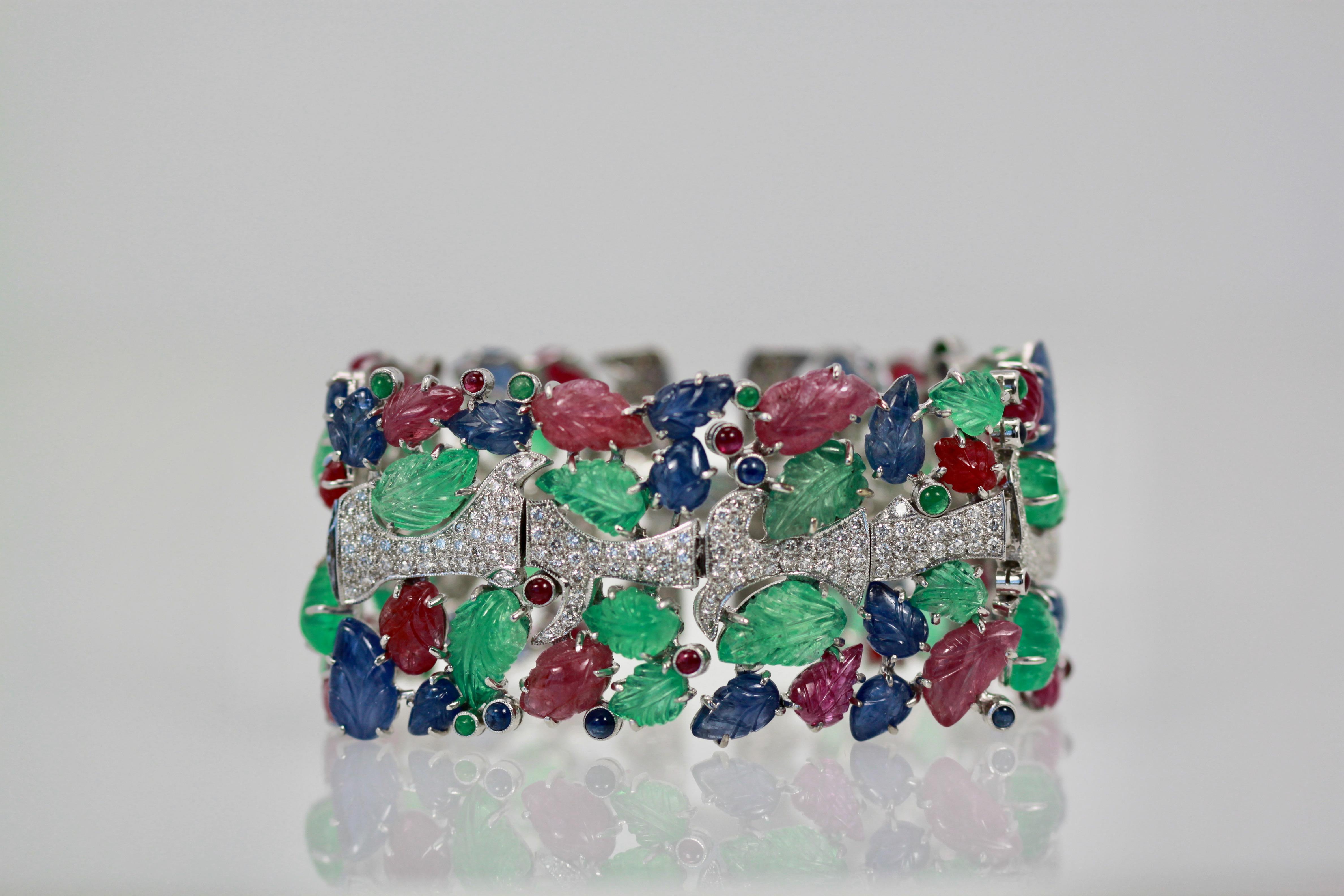 Tutti Frutti Carved Stones Diamond Bracelet 18 Karat Wide For Sale 6