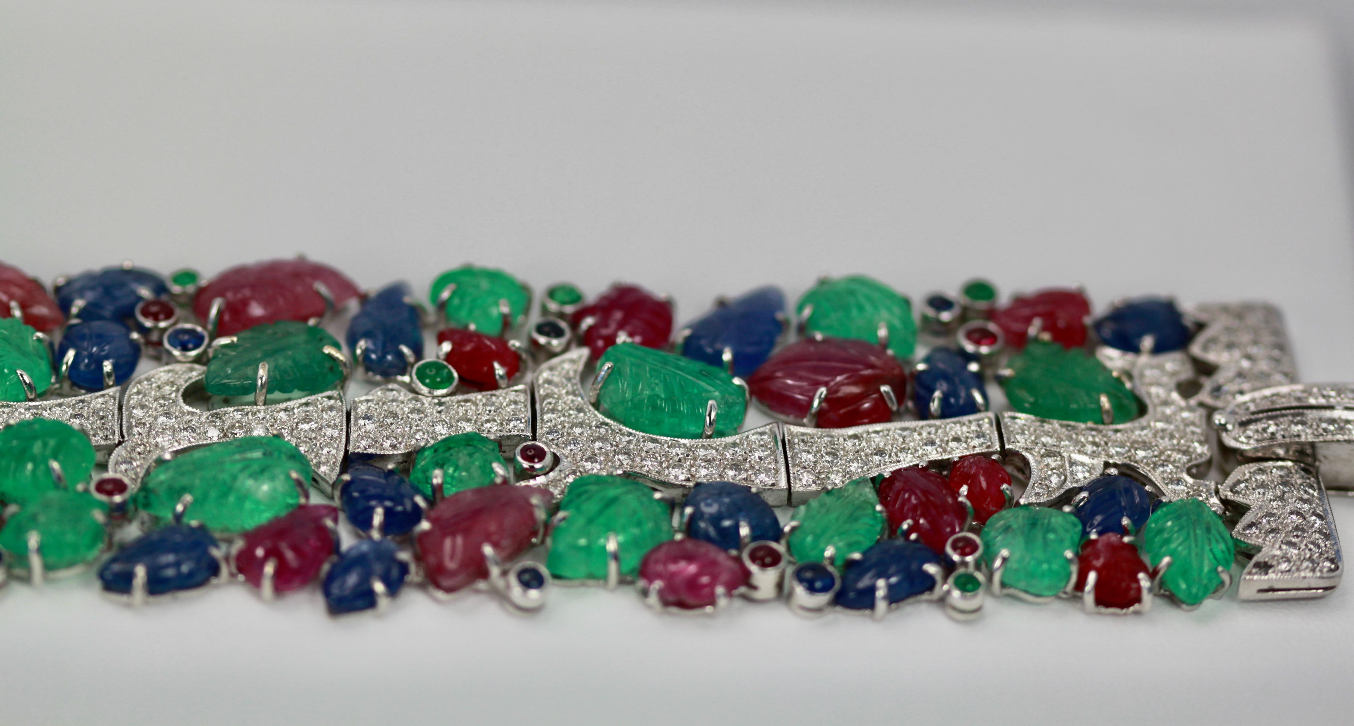 Art Deco Tutti Frutti Carved Stones Diamond Bracelet 18 Karat Wide For Sale