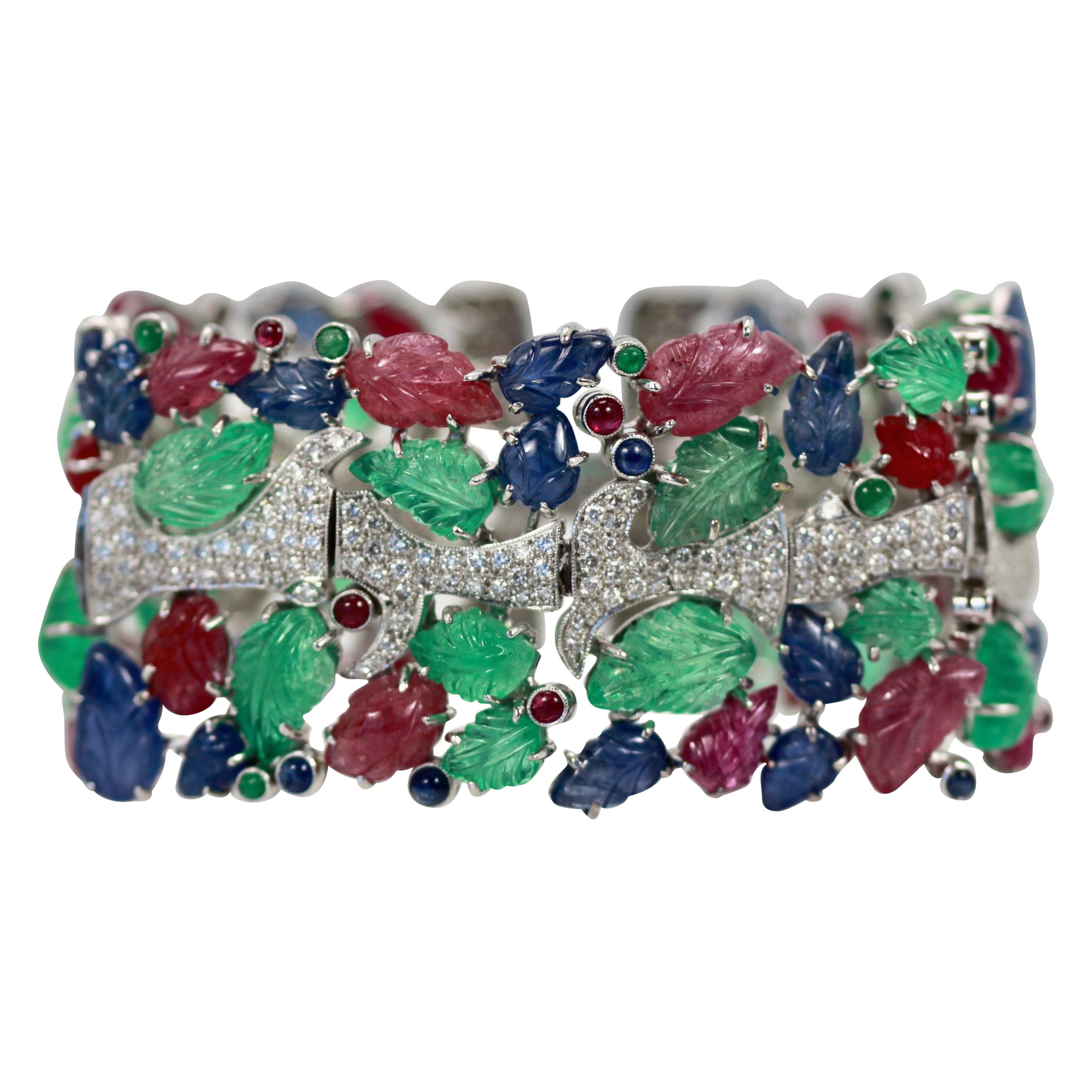 Tutti Frutti Carved Stones Diamond Bracelet 18 Karat Wide For Sale