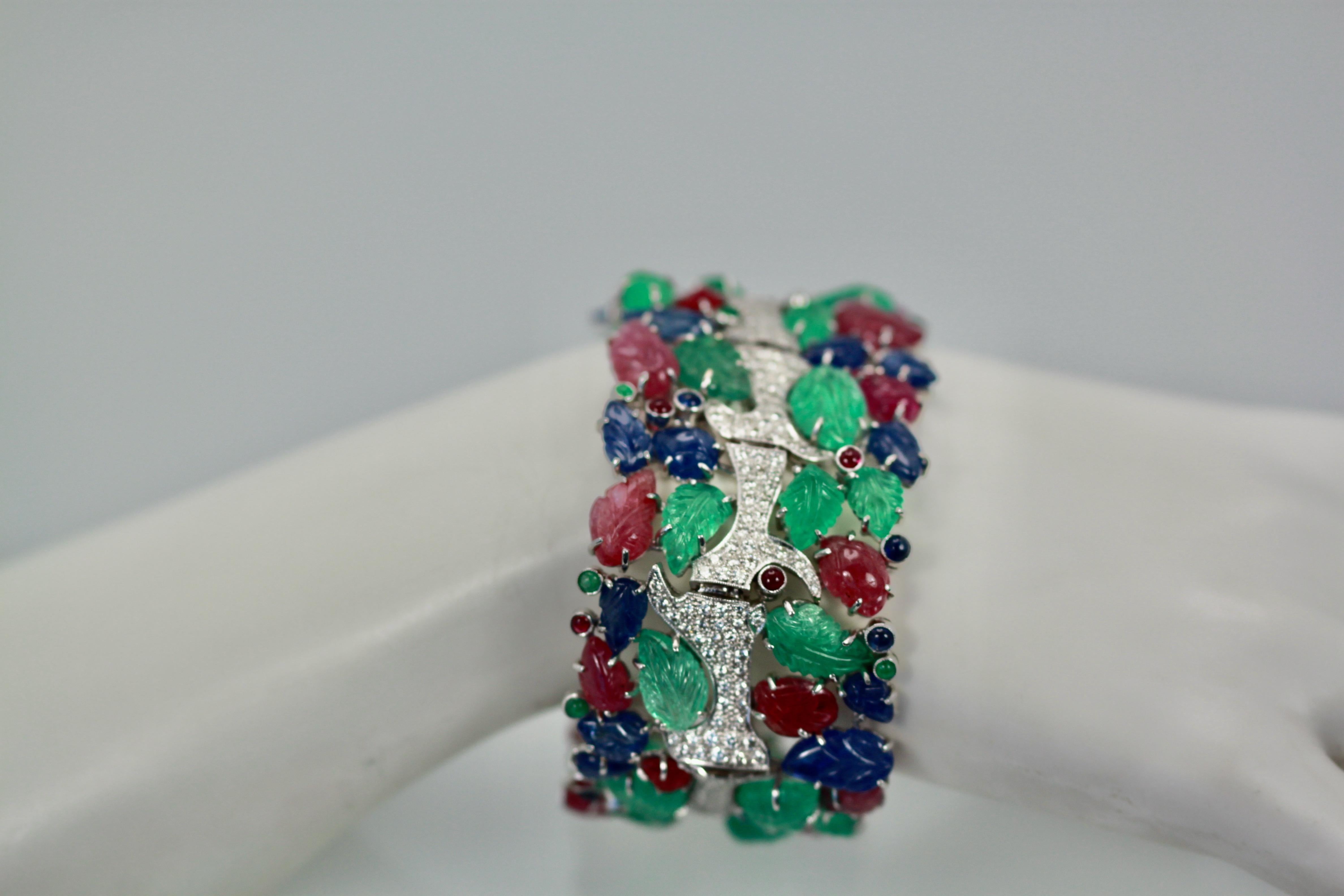 Brilliant Cut Tutti Frutti Carved Stones Diamond Bracelet 18 Karat Wide For Sale