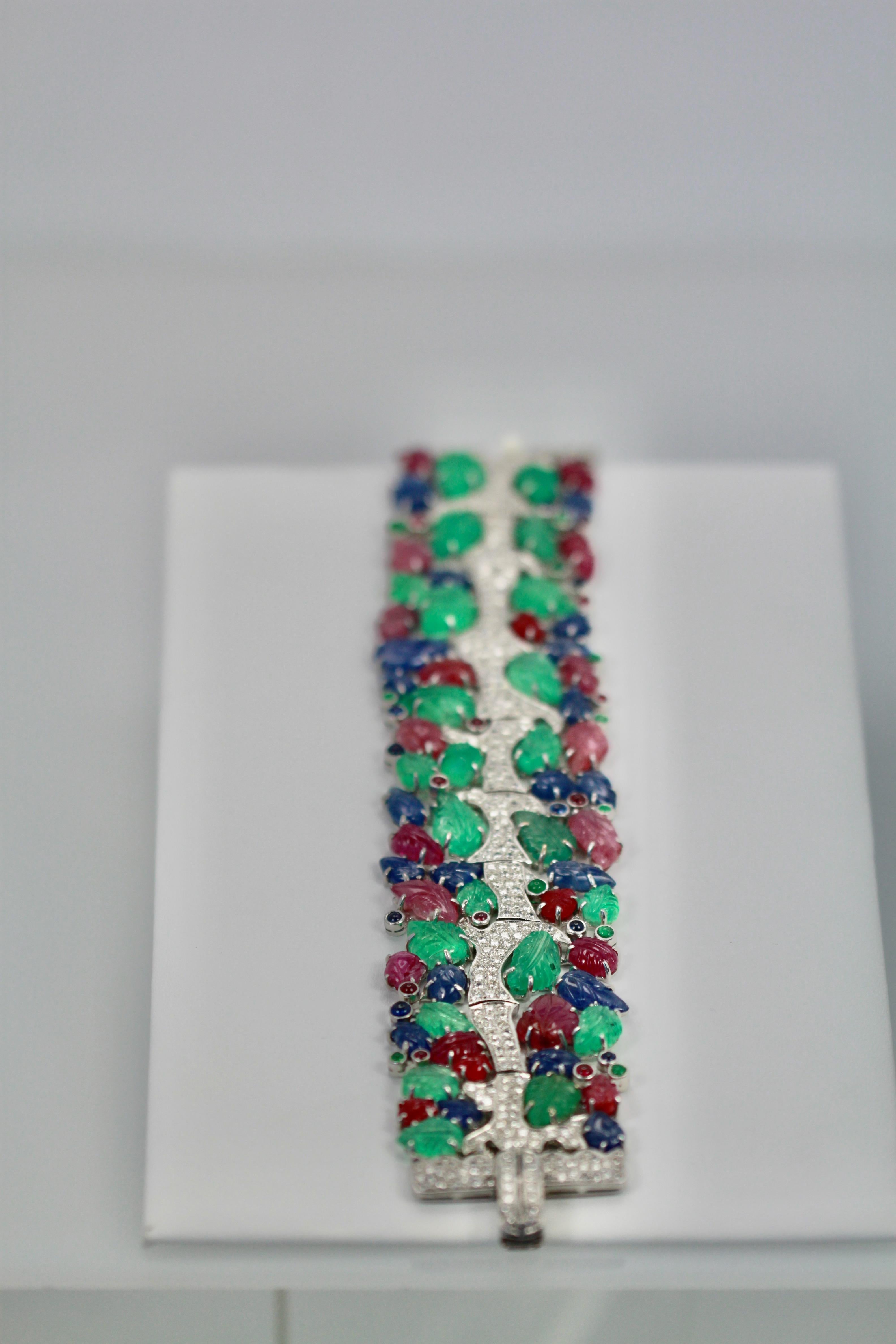 Tutti Frutti Carved Stones Diamond Bracelet 18 Karat Wide In Excellent Condition For Sale In North Hollywood, CA