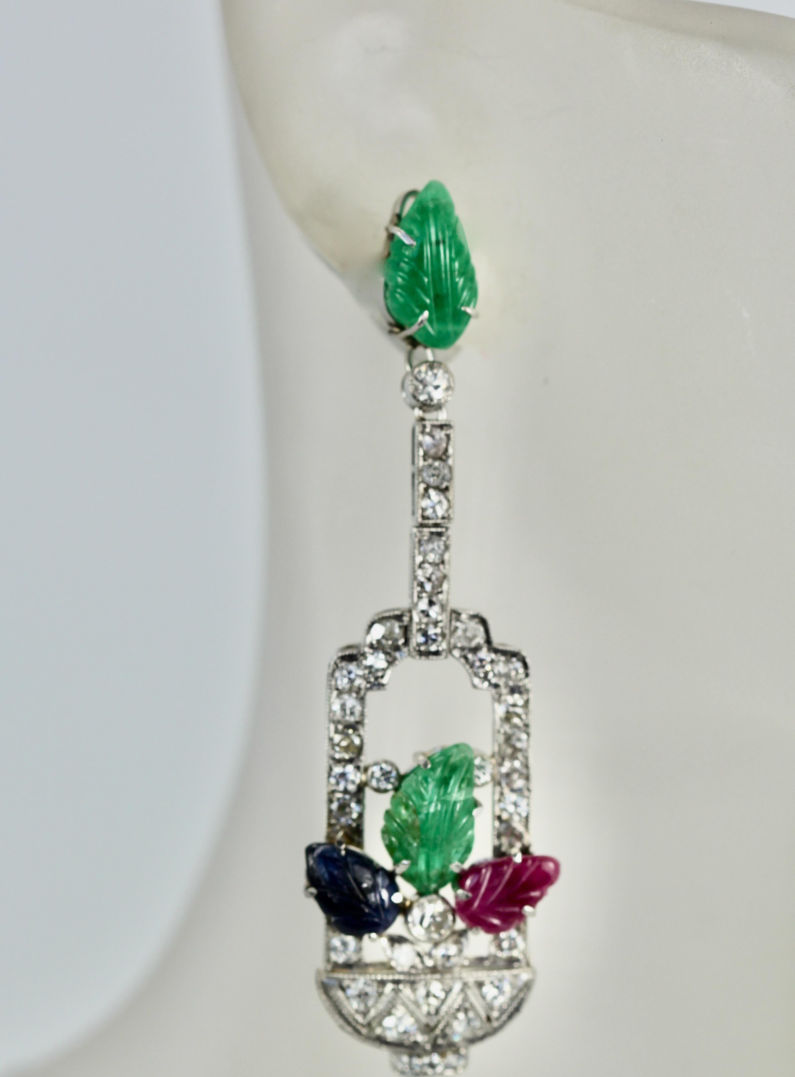 Art Deco Tutti Frutti Diamond Drop Earrings