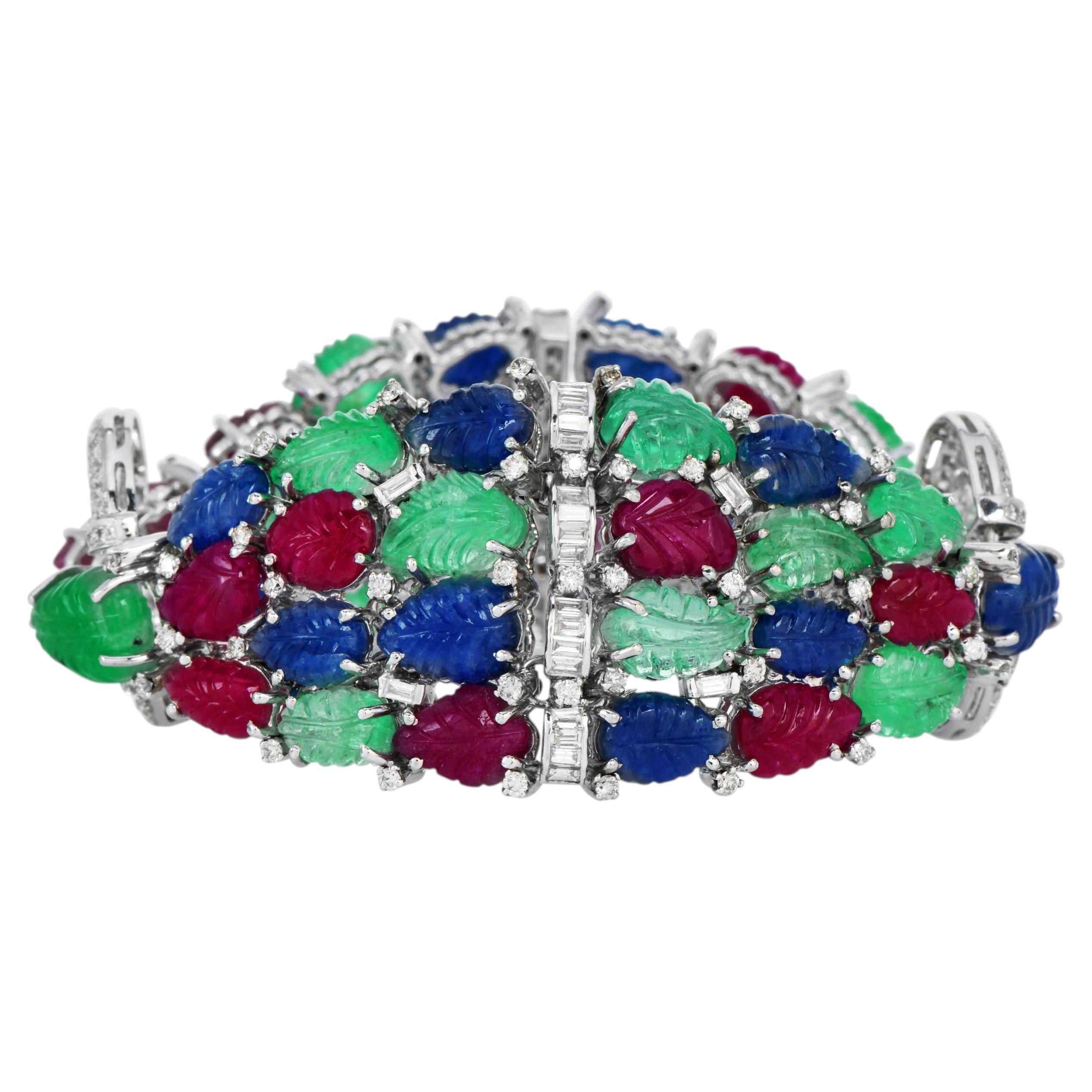 Tutti Frutti Bracelet diamant Emeraude Rubis Saphir 73.50cttw or 18K