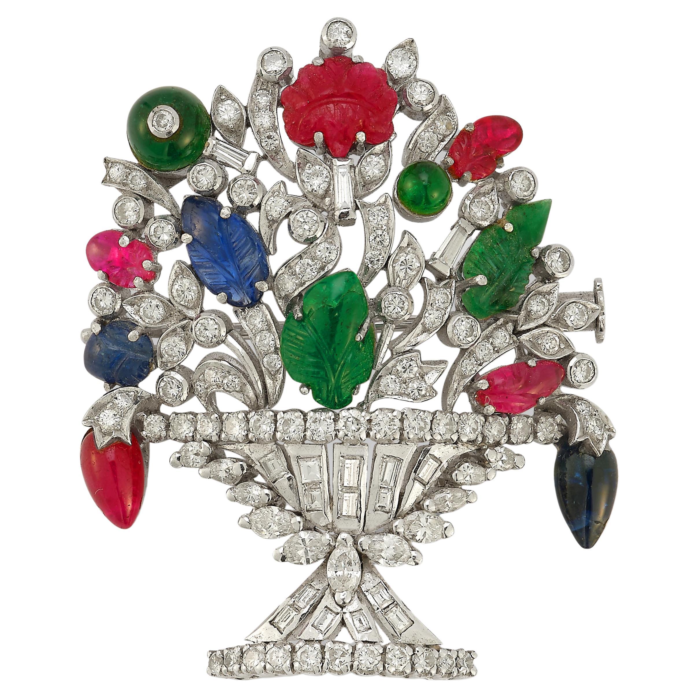 Tutti Frutti Diamond Giardinetto Flower Basket Brooch