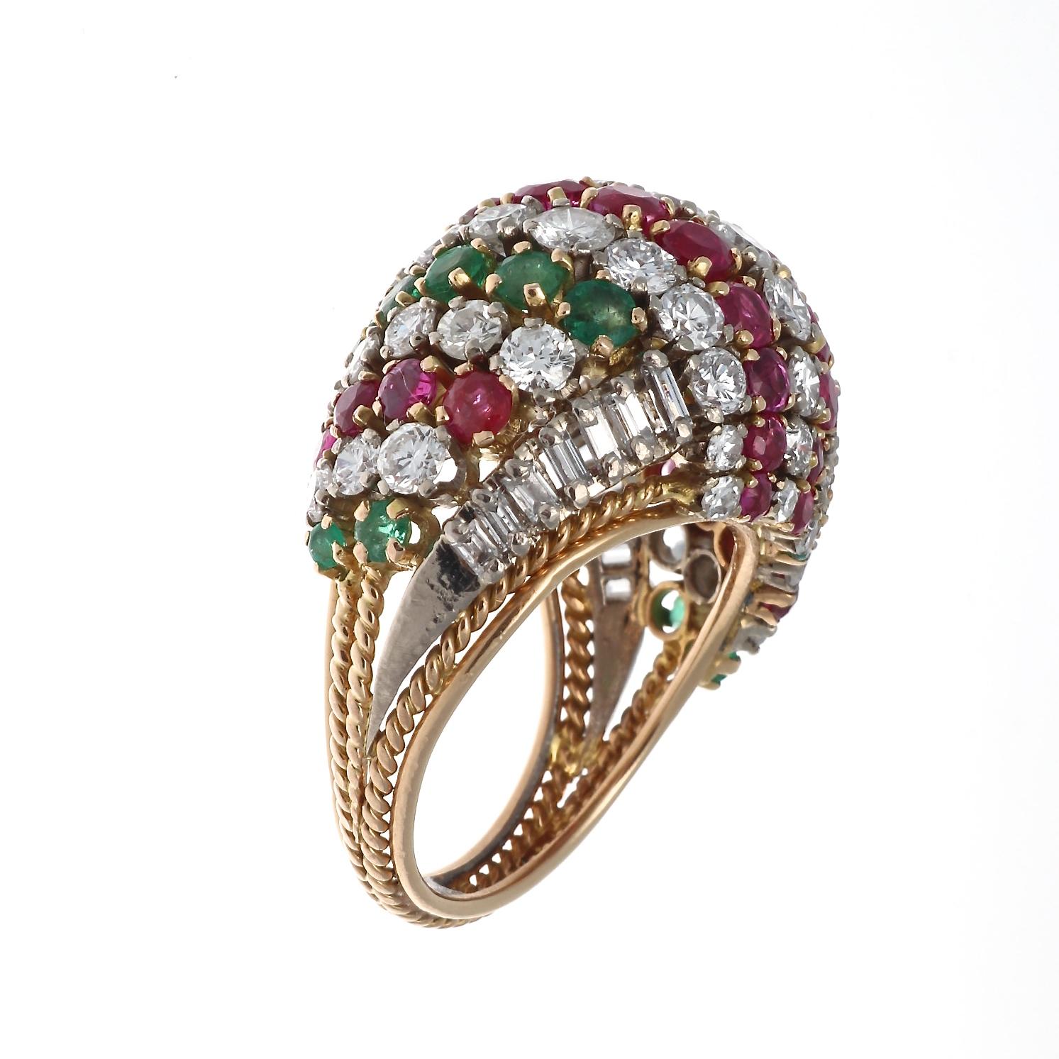 Tutti Frutti Diamond Ruby Emerald Gold Cocktail Ring In Excellent Condition In Beverly Hills, CA