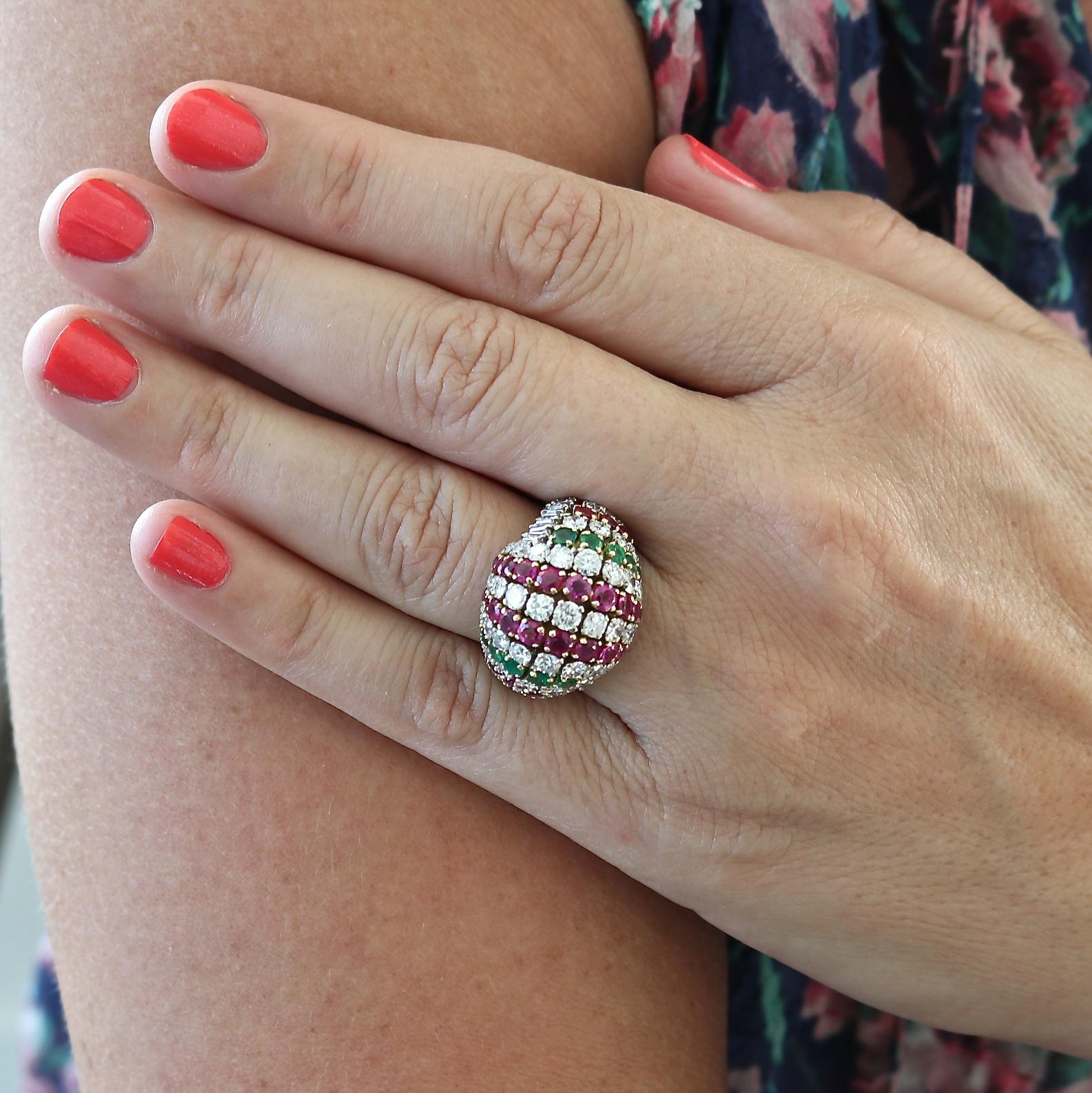 Tutti Frutti Diamond Ruby Emerald Gold Cocktail Ring In Excellent Condition In Beverly Hills, CA