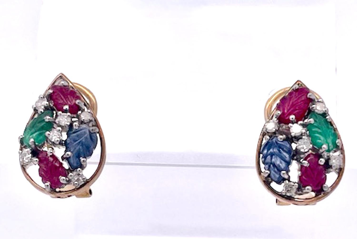 Art Deco Tutti Frutti Earrings and Ring a set 14K For Sale