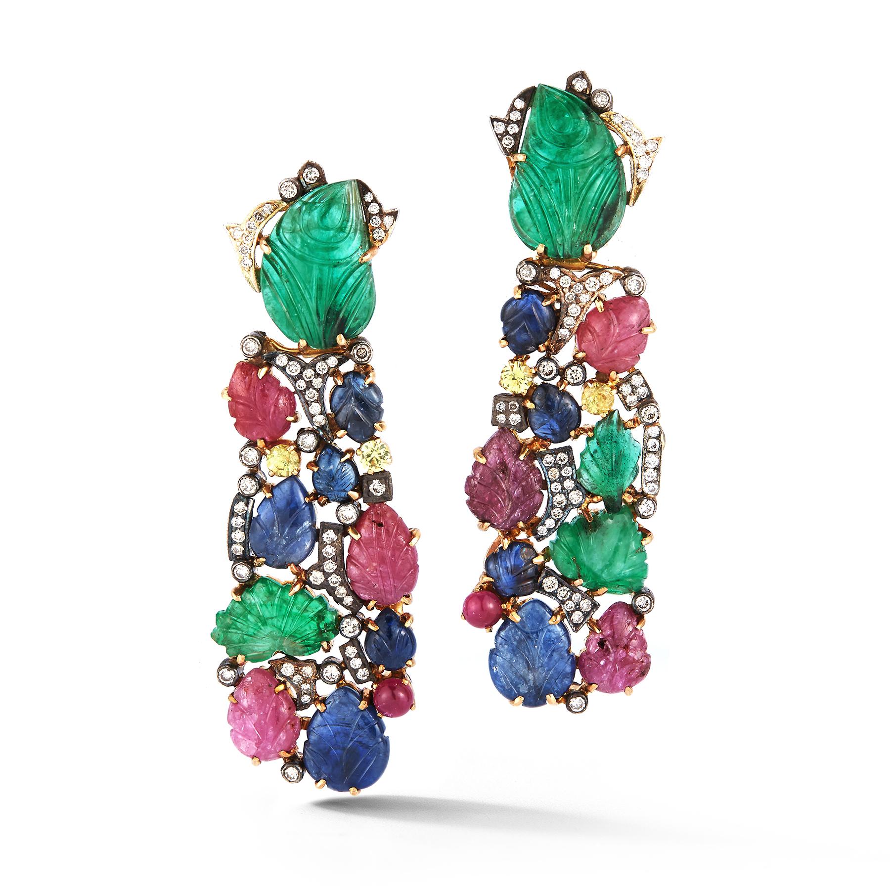 Tutti Frutti Earrings , carved Gem Stone, Diamond Yellow Gold Drop Earrings, Beautifully set Emerald Ruby and Sapphire with encrusted with diamonds in gold setting 
Back Type: Clip On