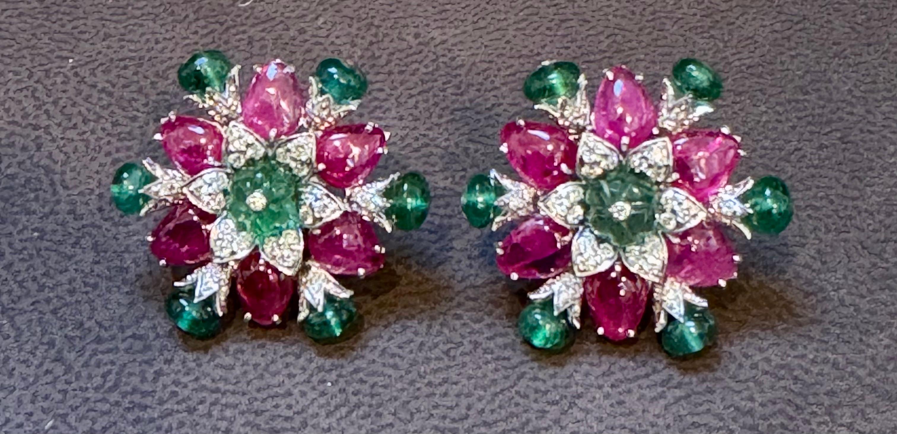 Cabochon Tutti Frutti Earrings/ Natural  Emerald Rubellite Earrings/ Carving Leaf 18 KWG For Sale
