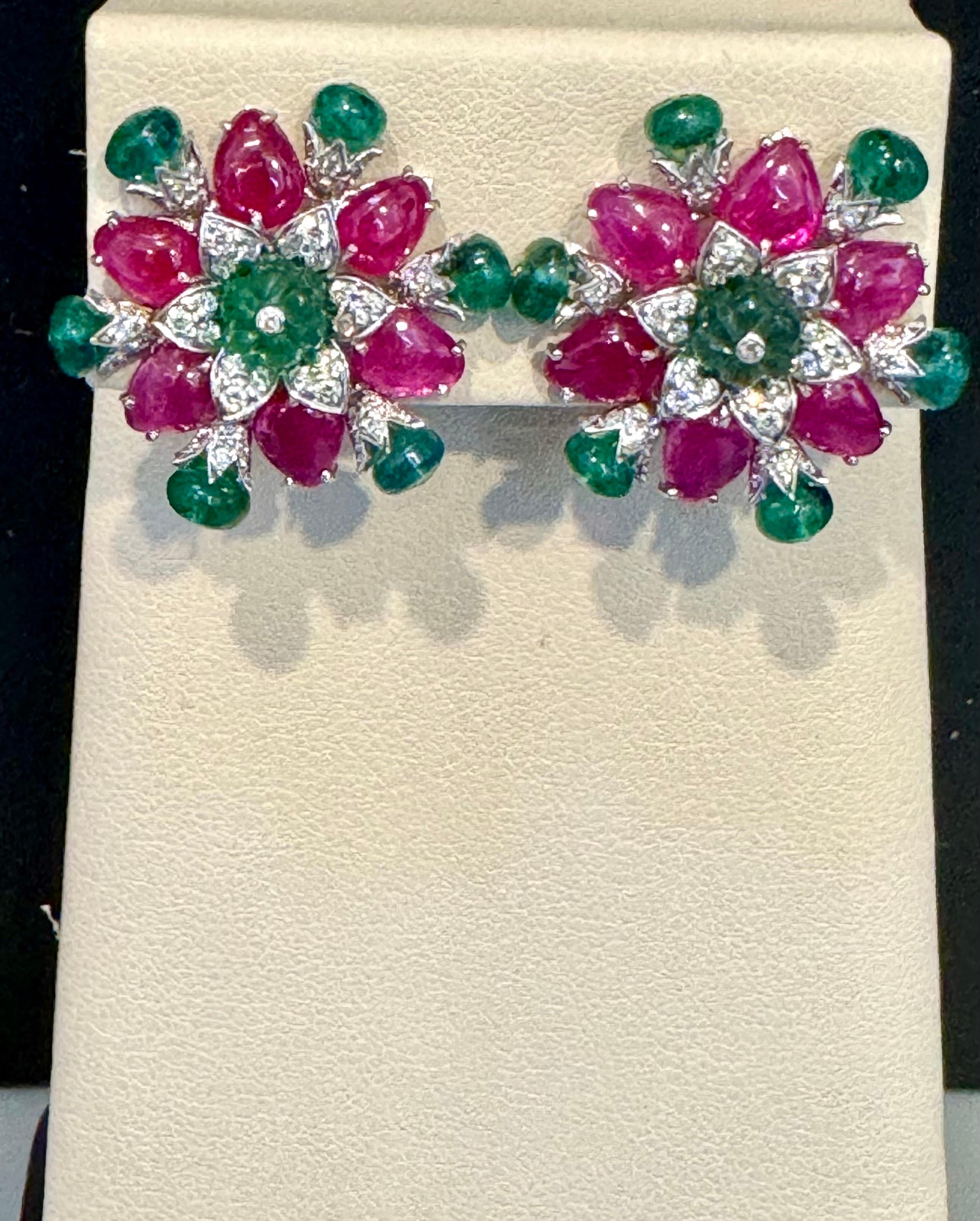 Women's Tutti Frutti Earrings/ Natural  Emerald Rubellite Earrings/ Carving Leaf 18 KWG For Sale