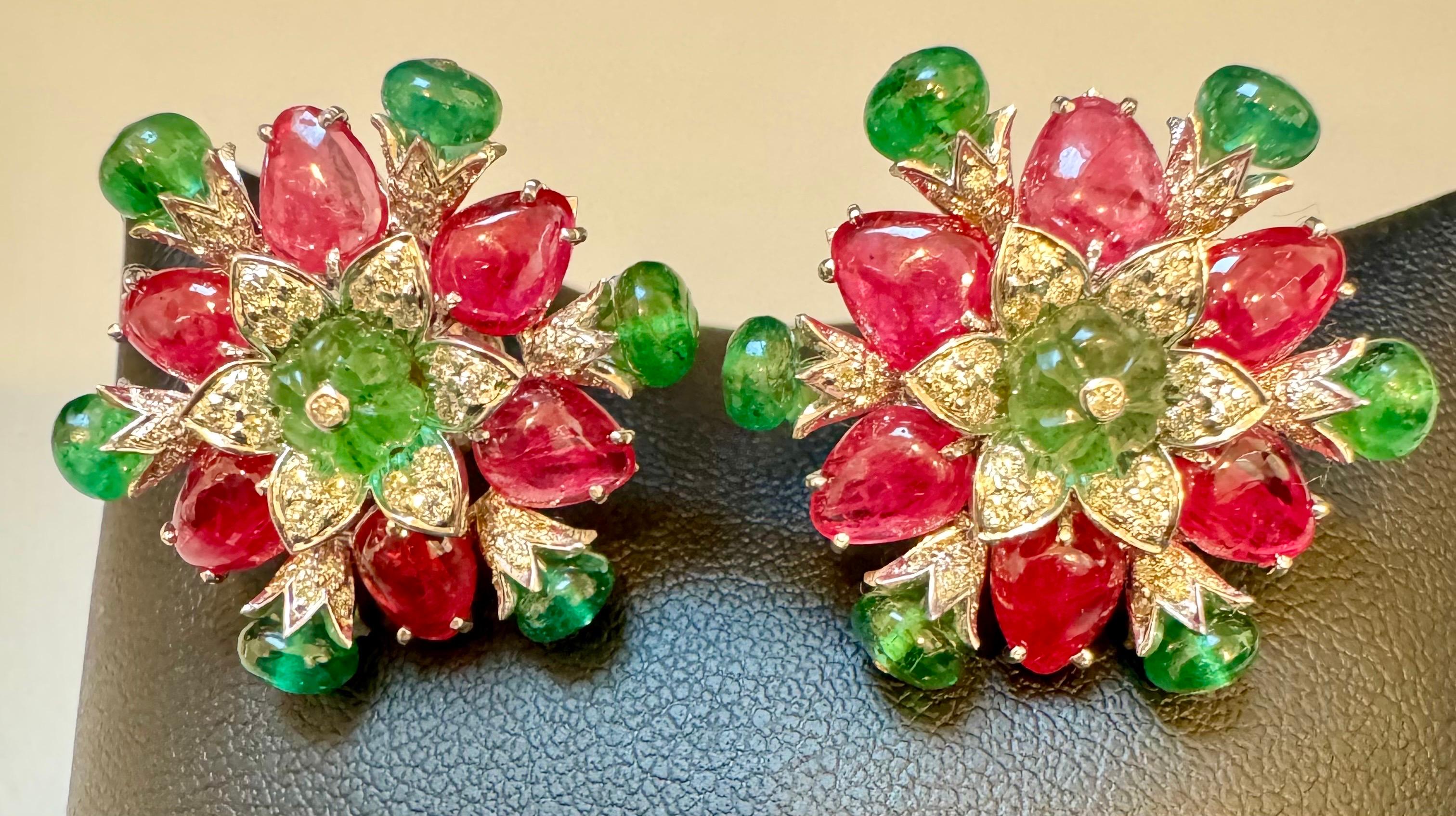 Tutti Frutti Earrings/ Natural  Emerald Rubellite Earrings/ Carving Leaf 18 KWG For Sale 1