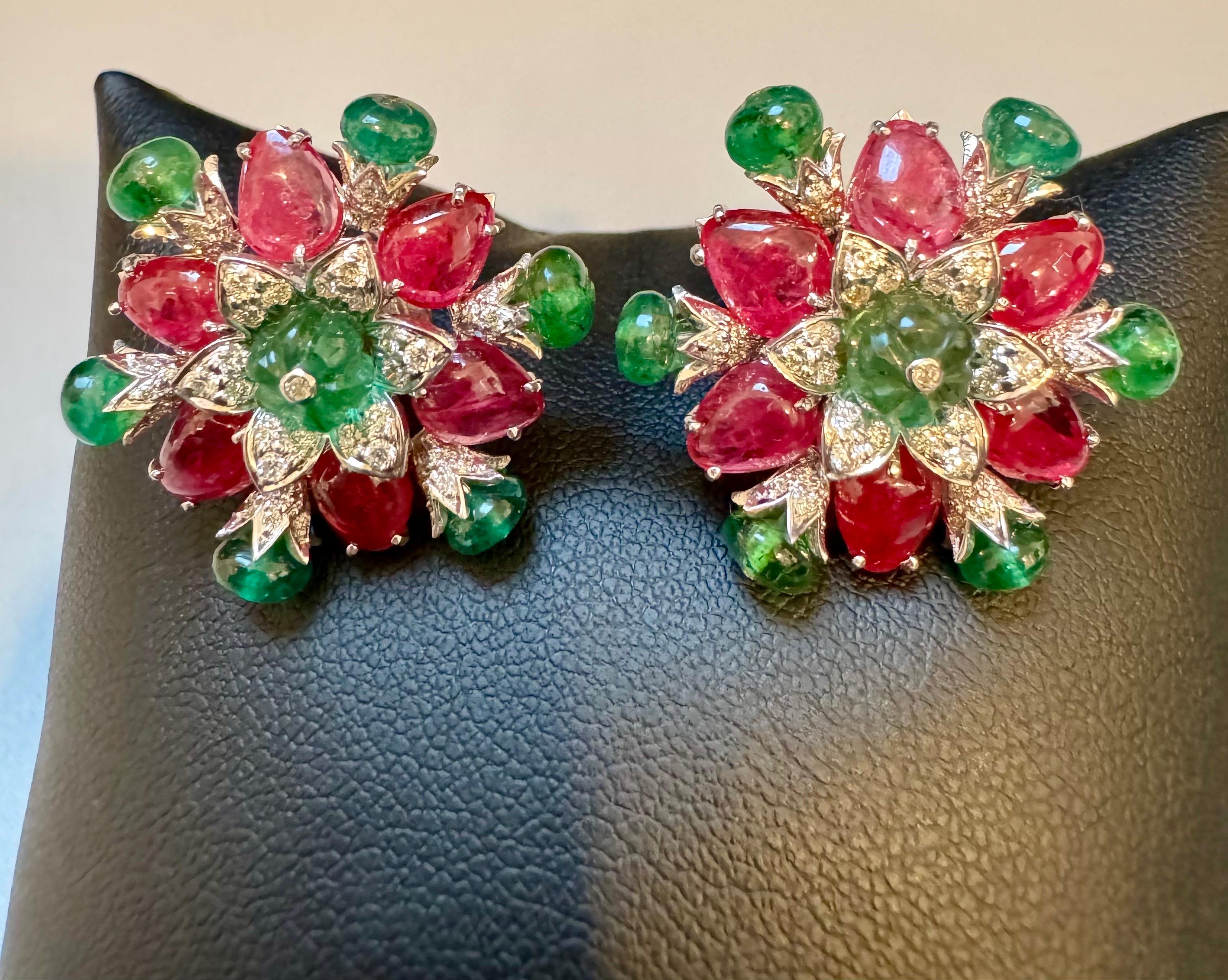 Tutti Frutti Earrings/ Natural  Emerald Rubellite Earrings/ Carving Leaf 18 KWG For Sale 2