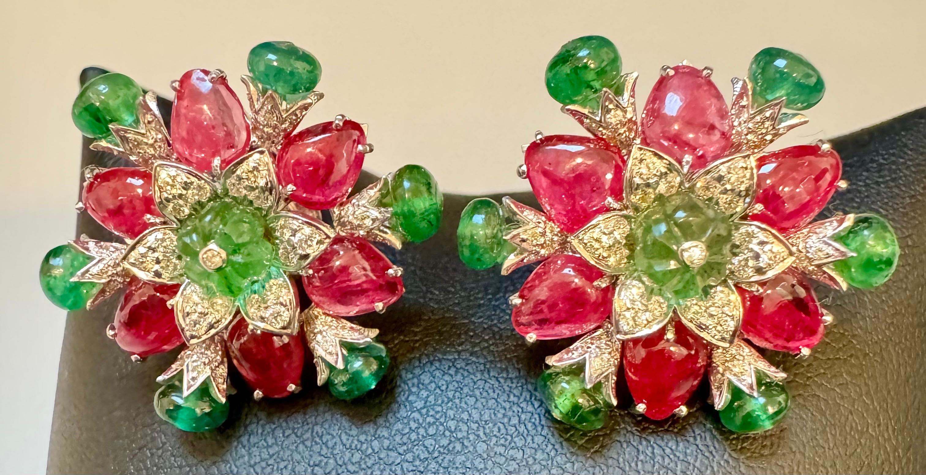 Tutti Frutti Earrings/ Natural  Emerald Rubellite Earrings/ Carving Leaf 18 KWG For Sale 3
