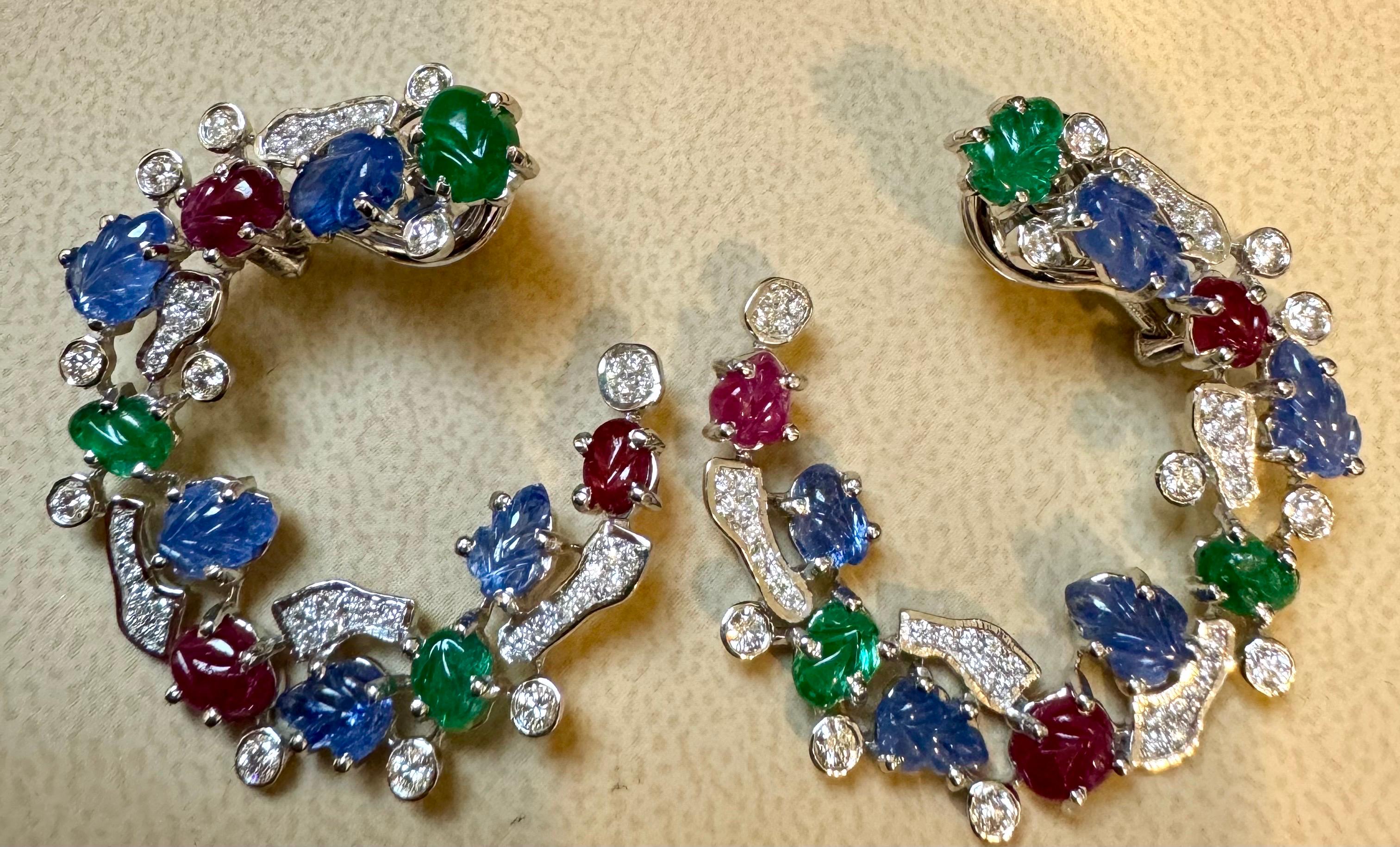 Tutti Frutti Earrings Natural Emerald Ruby & Sapphire Earring Carved Leaf 18 KWG For Sale 5