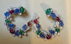 Tutti Frutti Earrings Natural Emerald Ruby & Sapphire Earring Carved Leaf 18 KWG